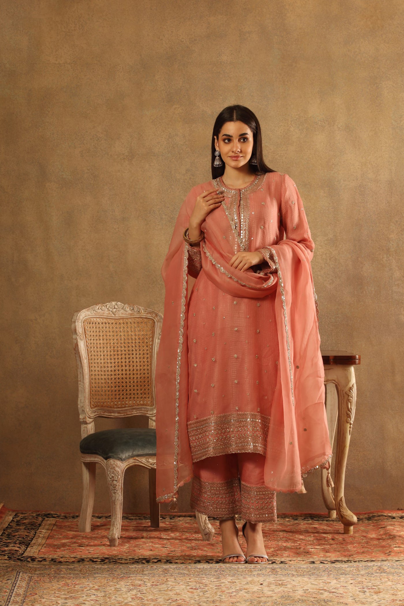 Hand Embroidered Strawberry Ice Pink Pure Katan Silk Kurta Palazzo Set