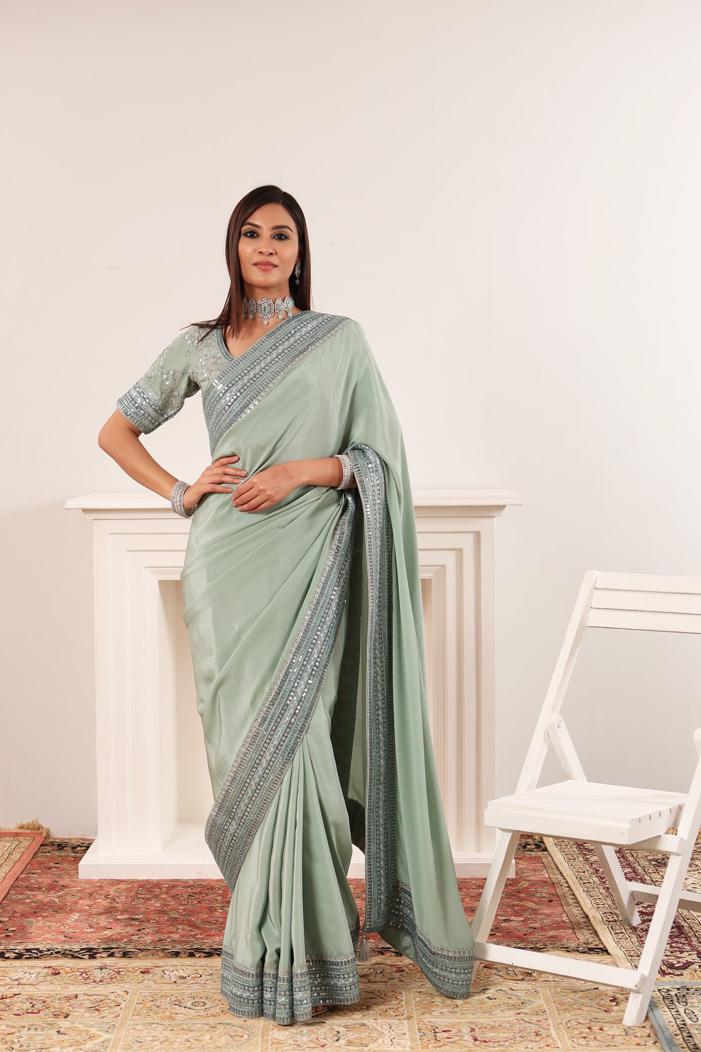 Priya Banerjee in Sage-Green Embroidered Pure Crepe-Silk Saree-Blouse Set