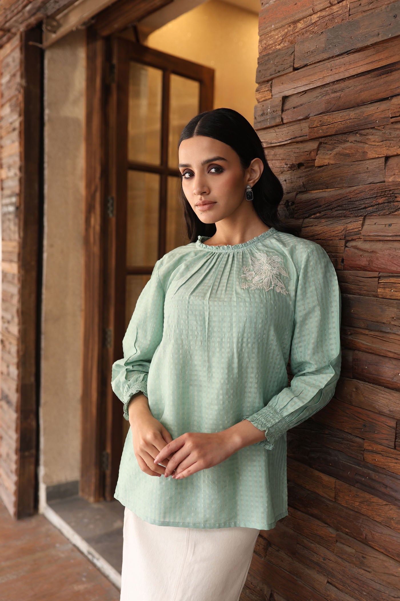 Dusty-Green Handloom Pure Silk-Cotton (With Self-Checks) Embroidered Short-Blouse With A High-Round Neck & Frills