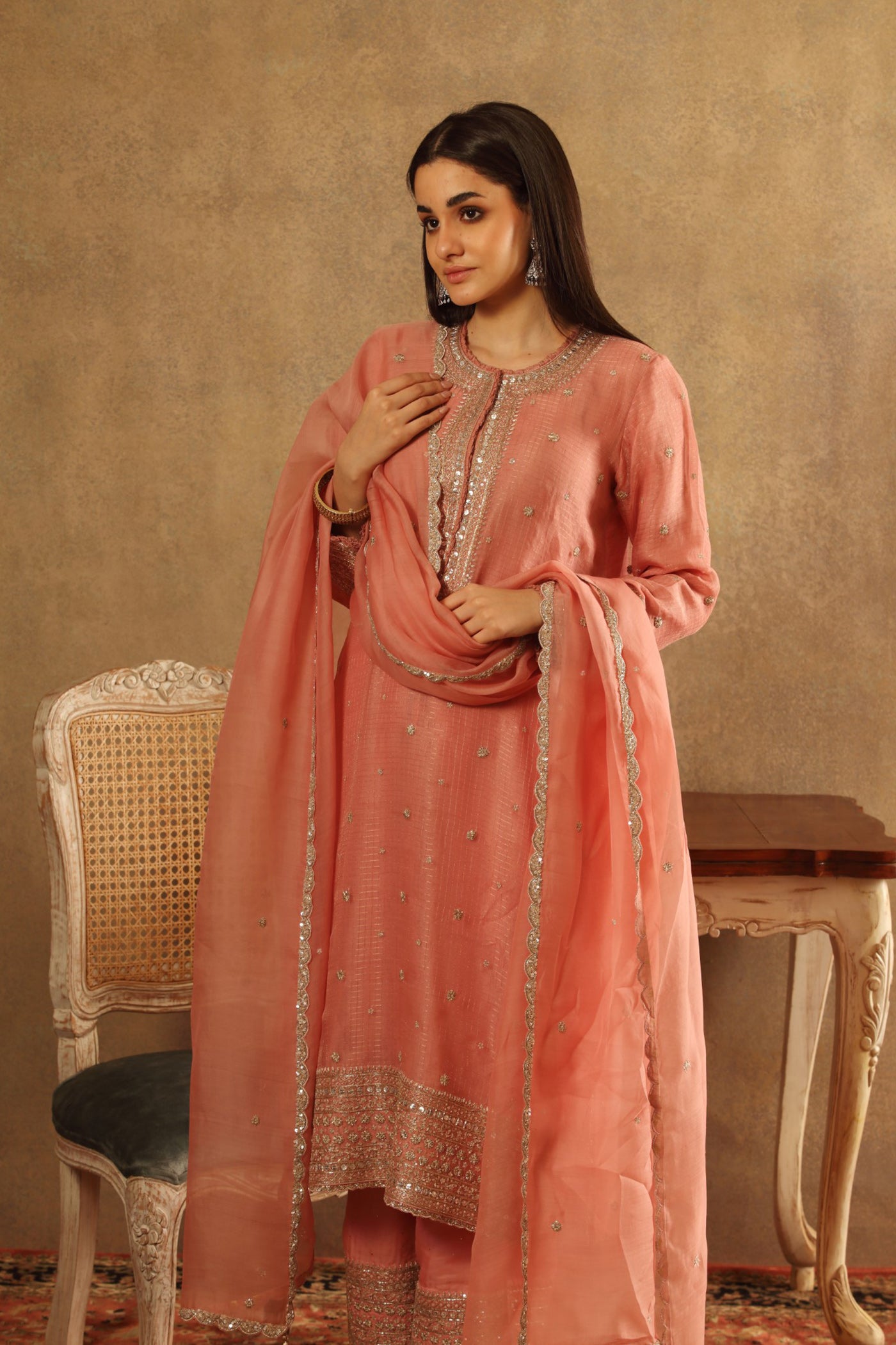 Hand Embroidered Strawberry Ice Pink Pure Katan Silk Kurta Palazzo Set