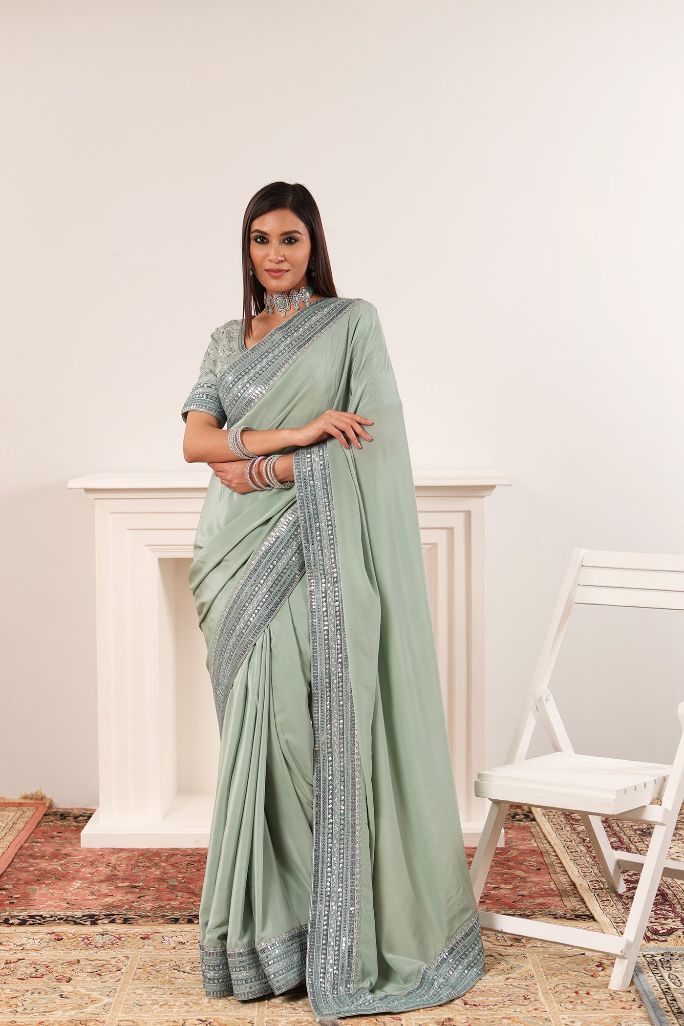 Priya Banerjee in Sage-Green Embroidered Pure Crepe-Silk Saree-Blouse Set