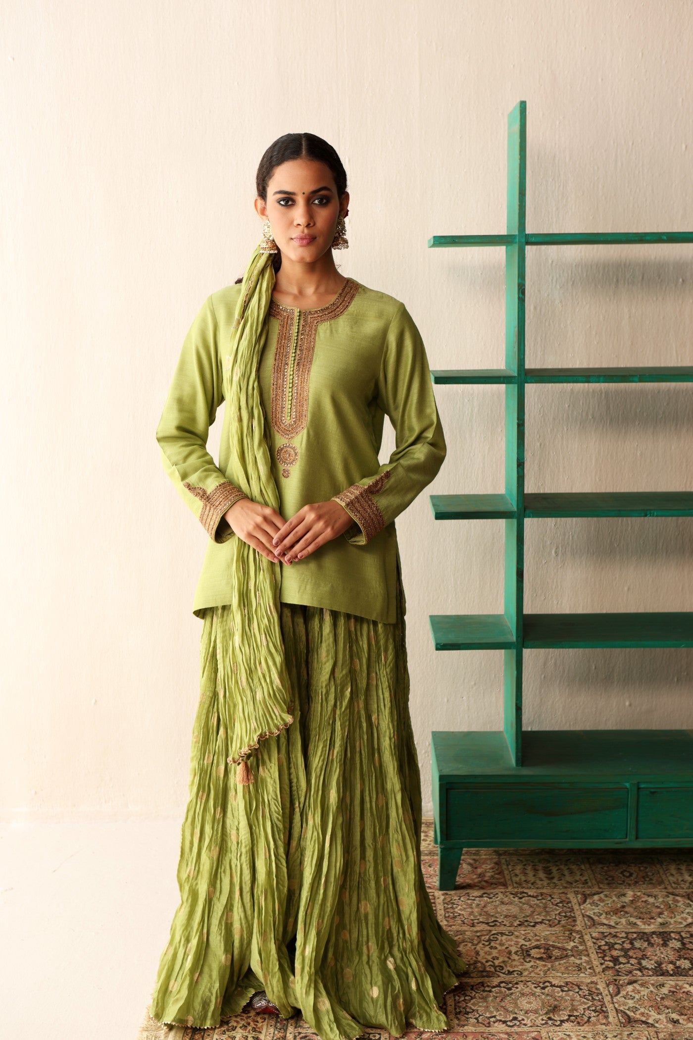 LETTUCE-GREEN HAND-EMBROIDERED PURE MUGA-SILK SHORT-KURTA WITH CRUSHED PURE SILK-COTTON (METALLIC POLKA DOTS) SHARARA SET