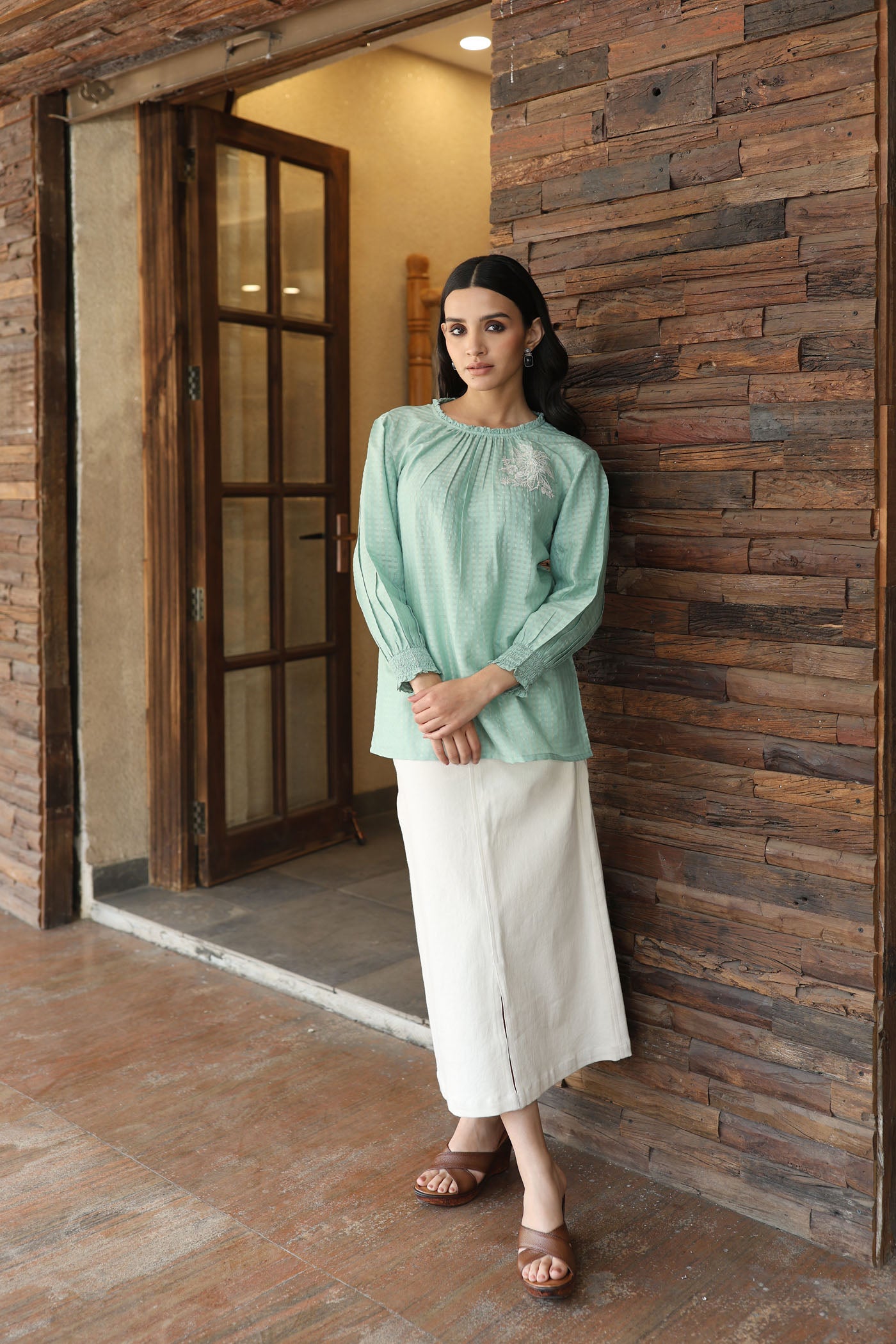 Dusty-Green Handloom Pure Silk-Cotton (With Self-Checks) Embroidered Short-Blouse With A High-Round Neck & Frills