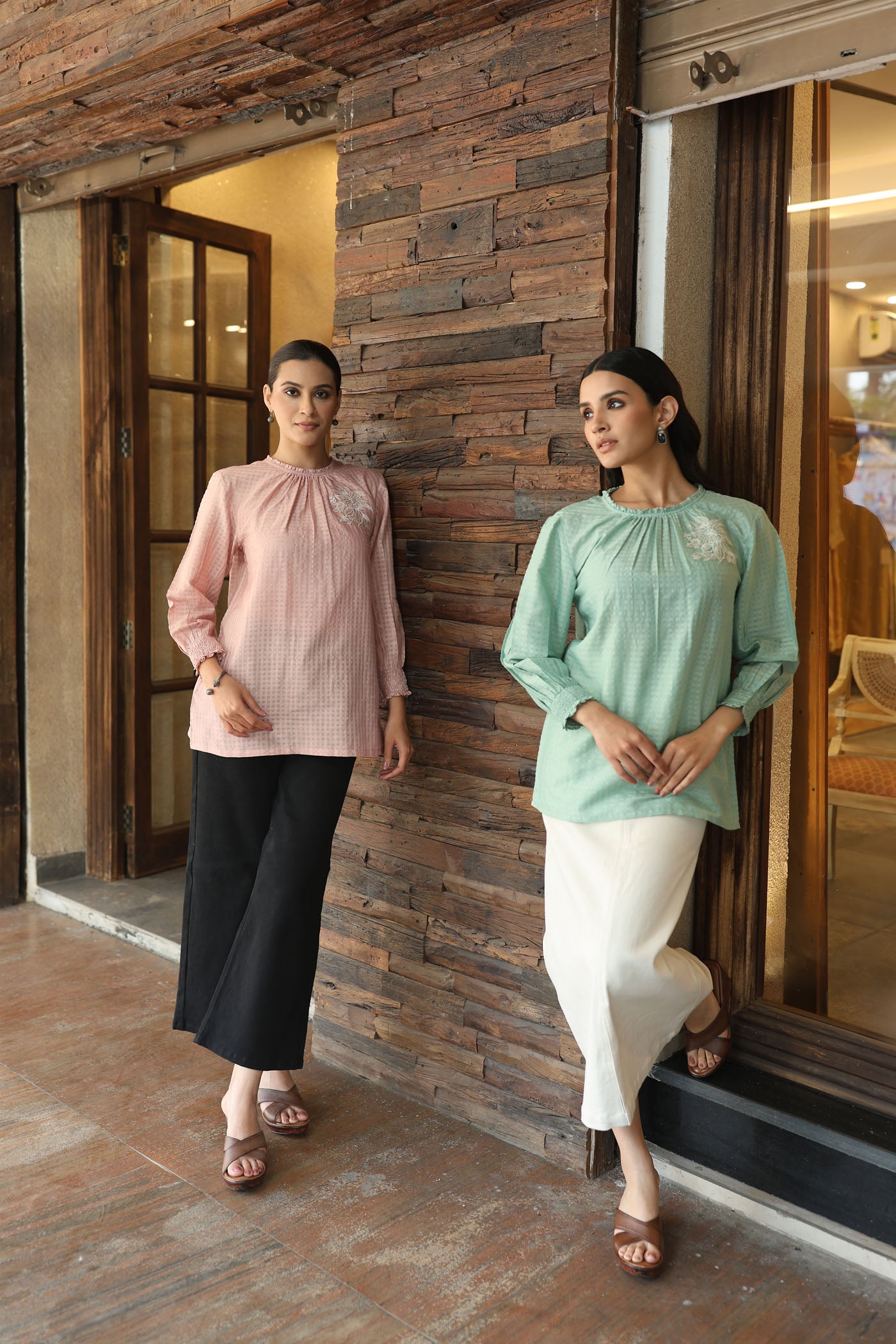Dusty-Green Handloom Pure Silk-Cotton (With Self-Checks) Embroidered Short-Blouse With A High-Round Neck & Frills