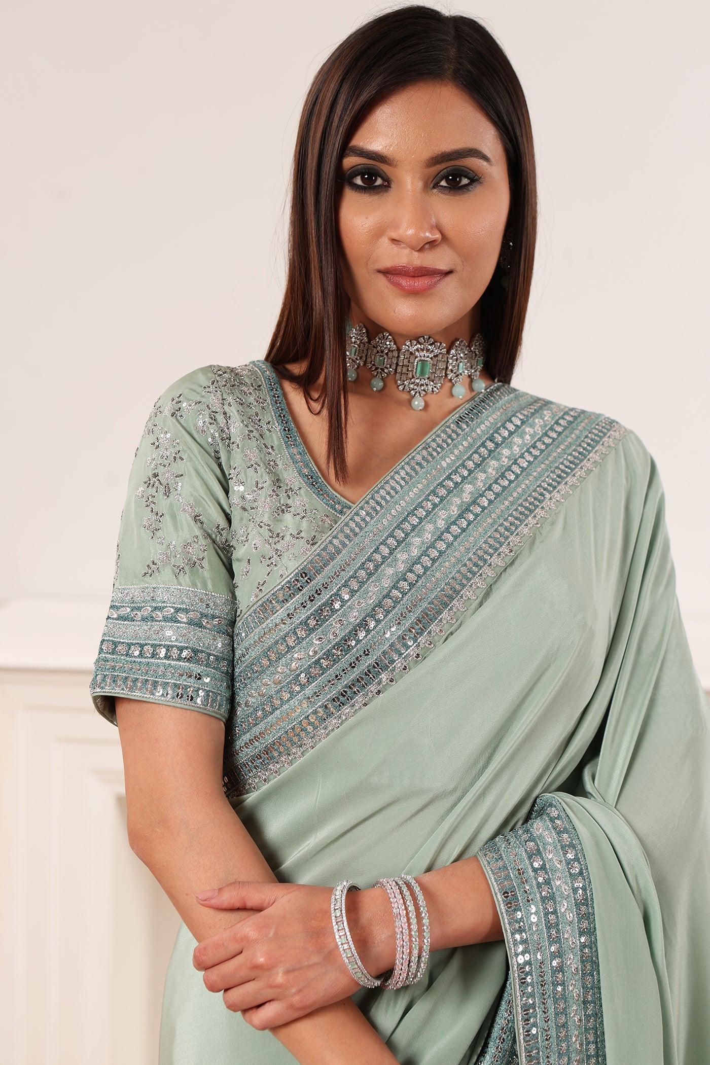 Priya Banerjee in Sage-Green Embroidered Pure Crepe-Silk Saree-Blouse Set