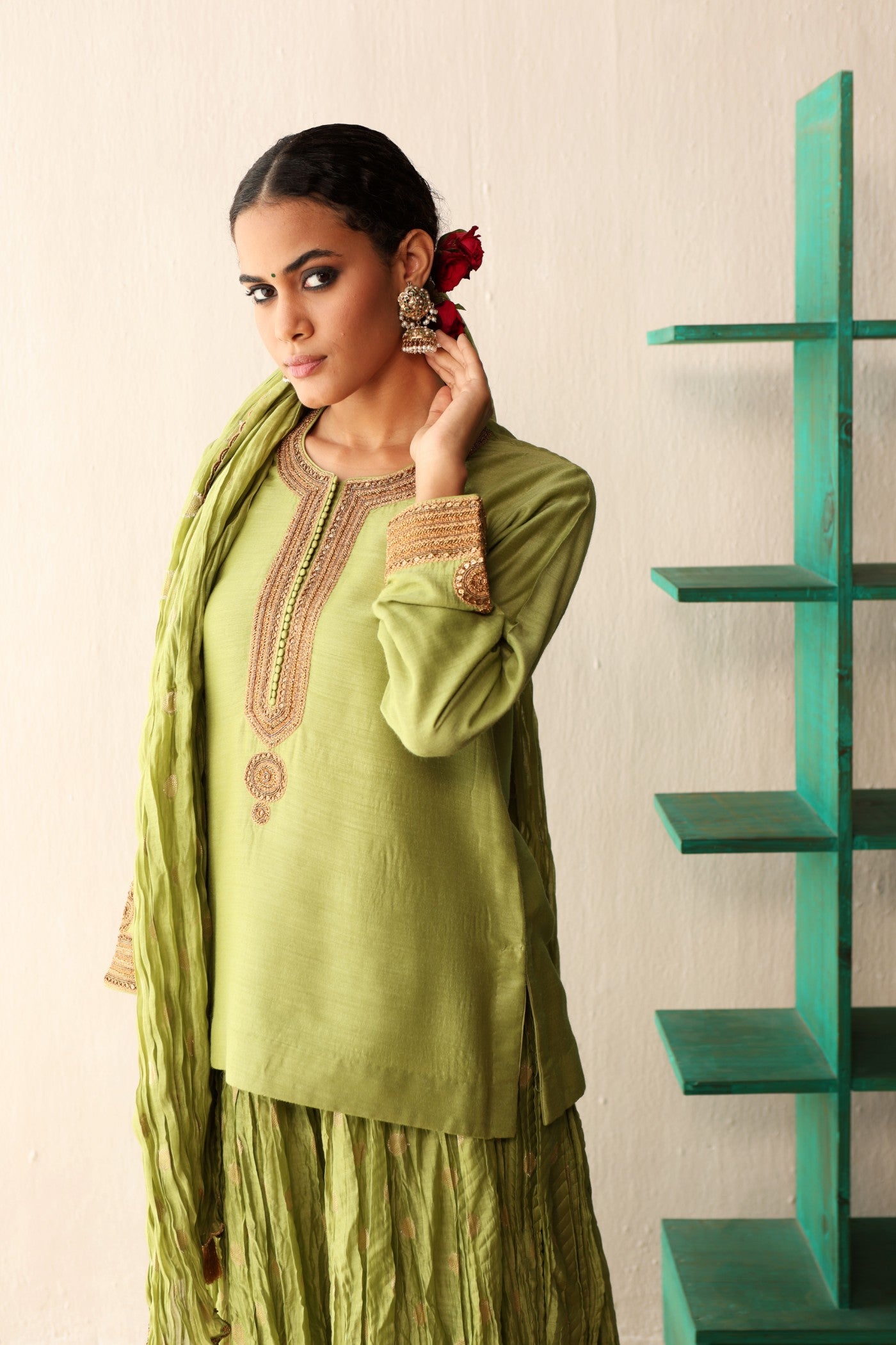 LETTUCE-GREEN HAND-EMBROIDERED PURE MUGA-SILK SHORT-KURTA WITH CRUSHED PURE SILK-COTTON (METALLIC POLKA DOTS) SHARARA SET
