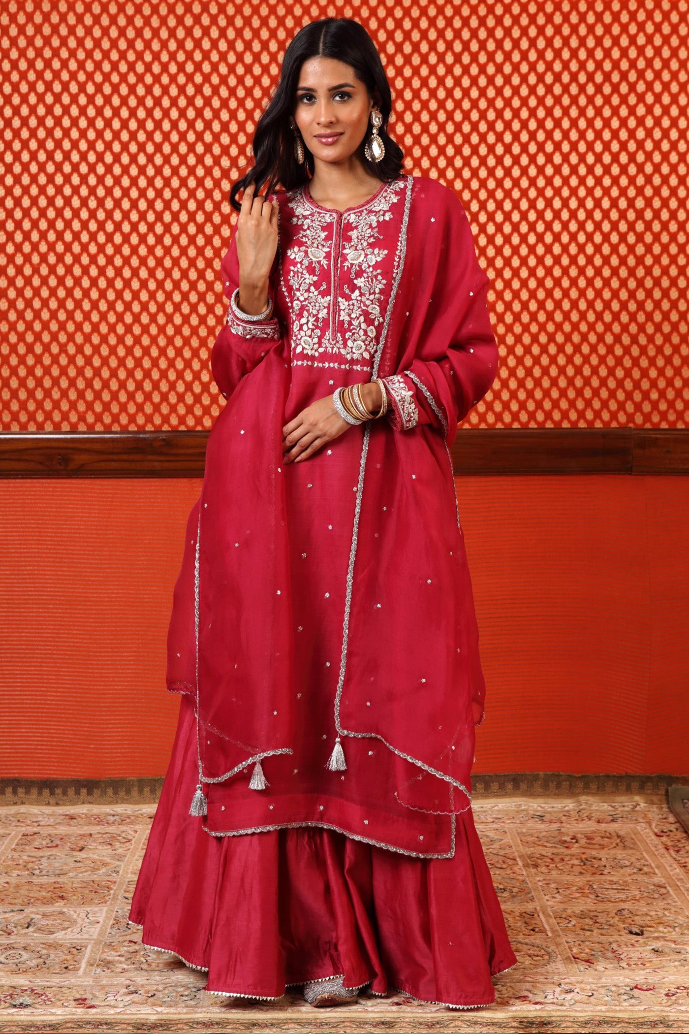 Hand Embroidered Jazzy Pink Pure Katan Silk Kurta Sharara Set