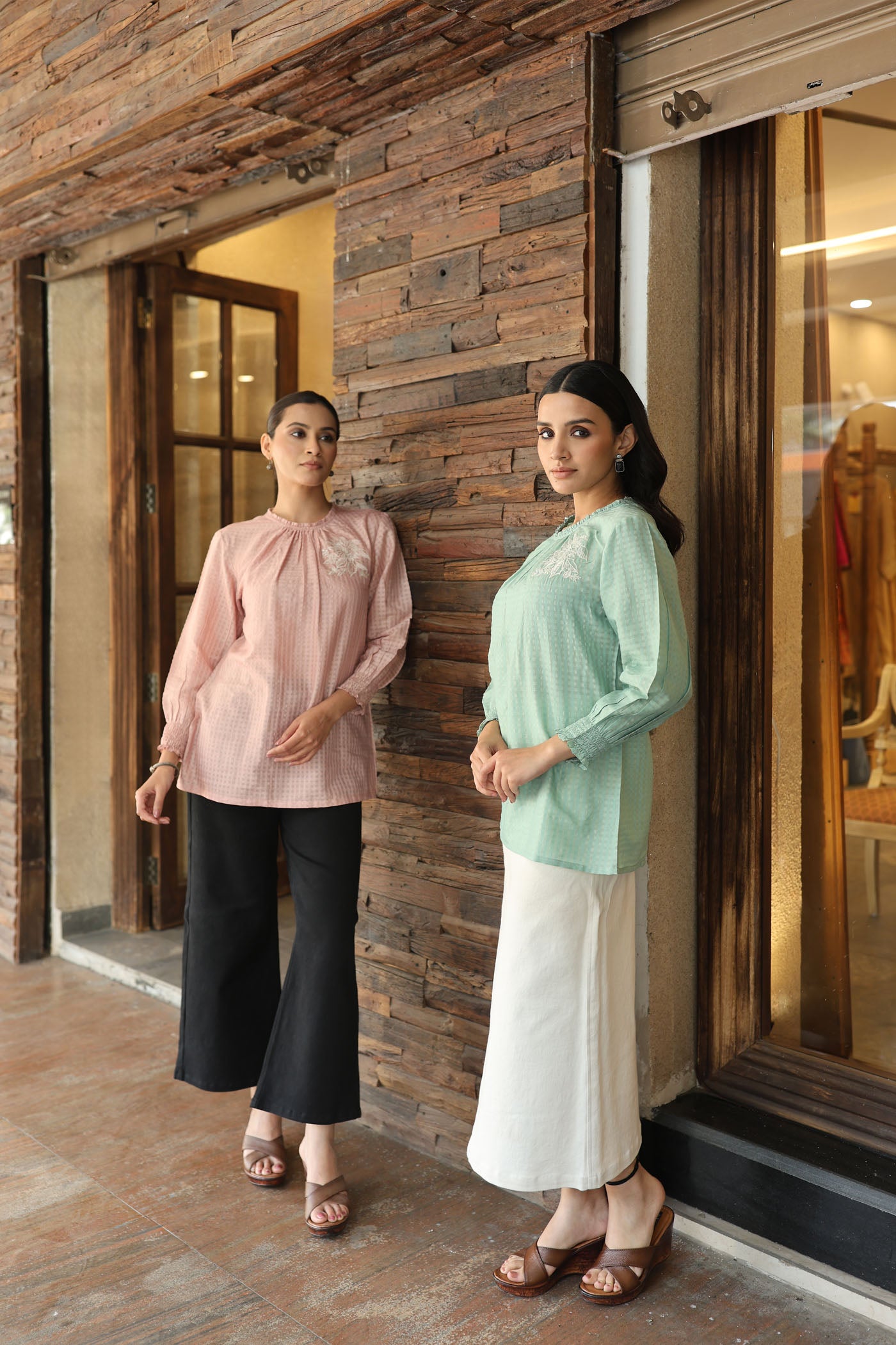 Dusty-Pink Handloom Pure Silk-Cotton (With Self-Checks) Embroidered Short-Blouse With A High-Round Neck & Frills