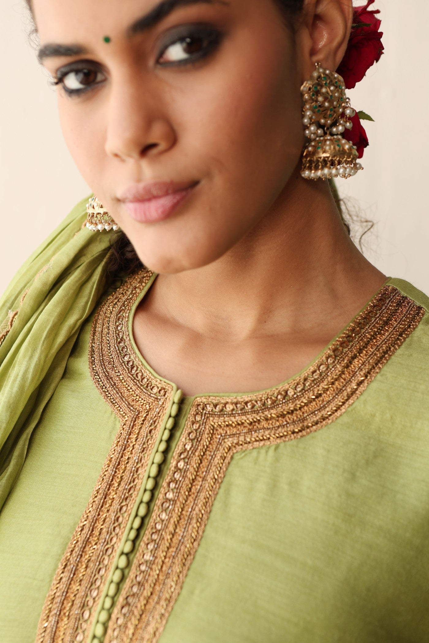 LETTUCE-GREEN HAND-EMBROIDERED PURE MUGA-SILK SHORT-KURTA WITH CRUSHED PURE SILK-COTTON (METALLIC POLKA DOTS) SHARARA SET