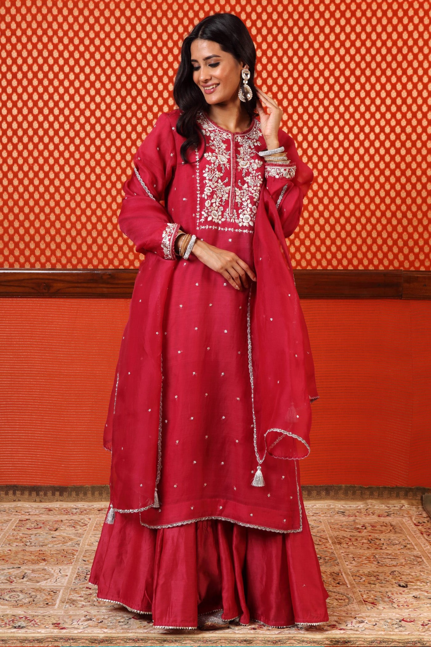 Hand Embroidered Jazzy Pink Pure Katan Silk Kurta Sharara Set