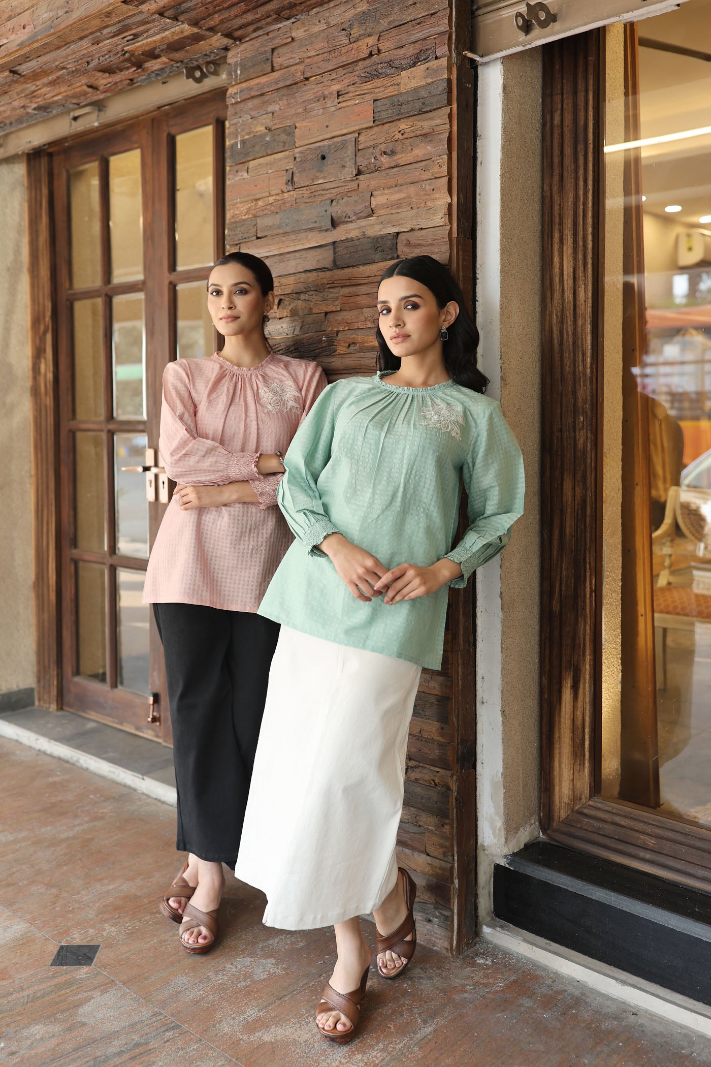 Dusty-Pink Handloom Pure Silk-Cotton (With Self-Checks) Embroidered Short-Blouse With A High-Round Neck & Frills