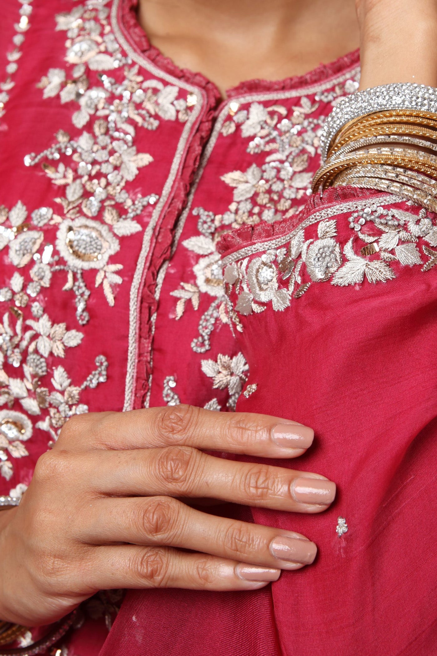 Hand Embroidered Jazzy Pink Pure Katan Silk Kurta Sharara Set