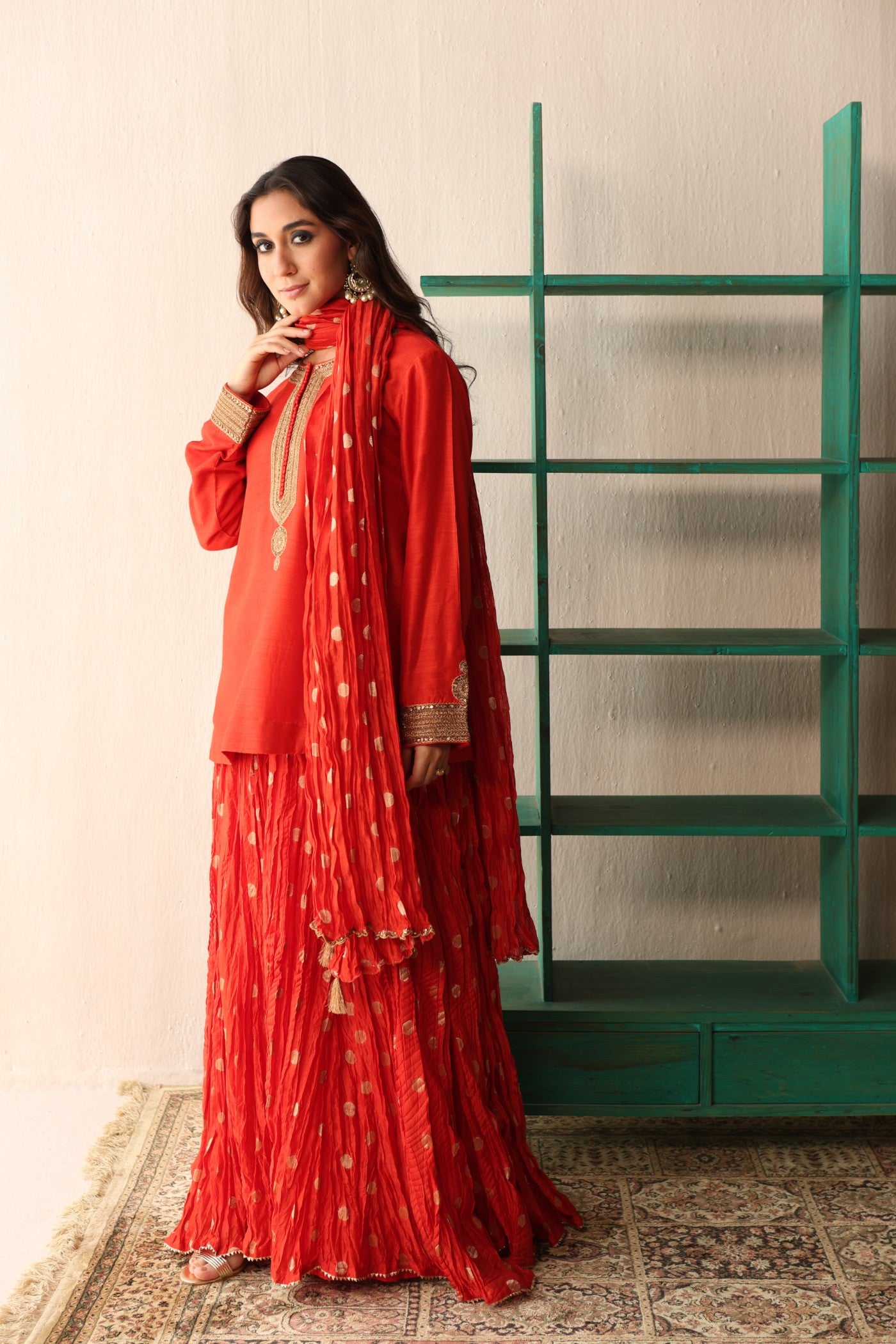 BURNT-ORANGE HAND-EMBROIDERED PURE MUGA-SILK SHORT-KURTA WITH CRUSHED PURE SILK-COTTON (METALLIC POLKA DOTS) SHARARA SET