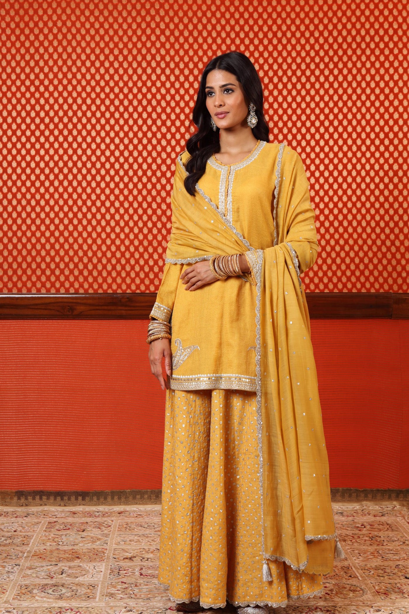 Hand Embroidered Mango Yellow Pure Silk Cotton Short Kurta Sharara Set