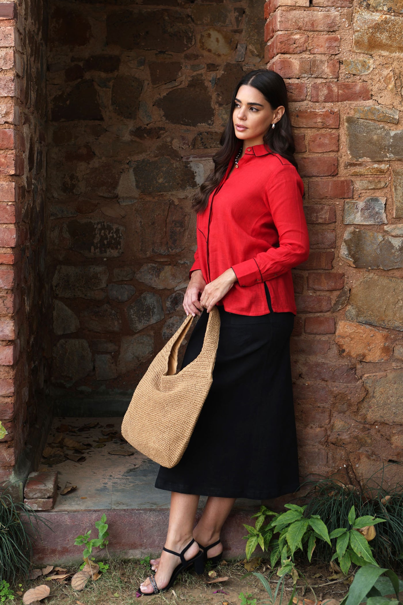 Tomato-Red Pure Linen Collared Front-Open Short Blouse With Contrast Edgings