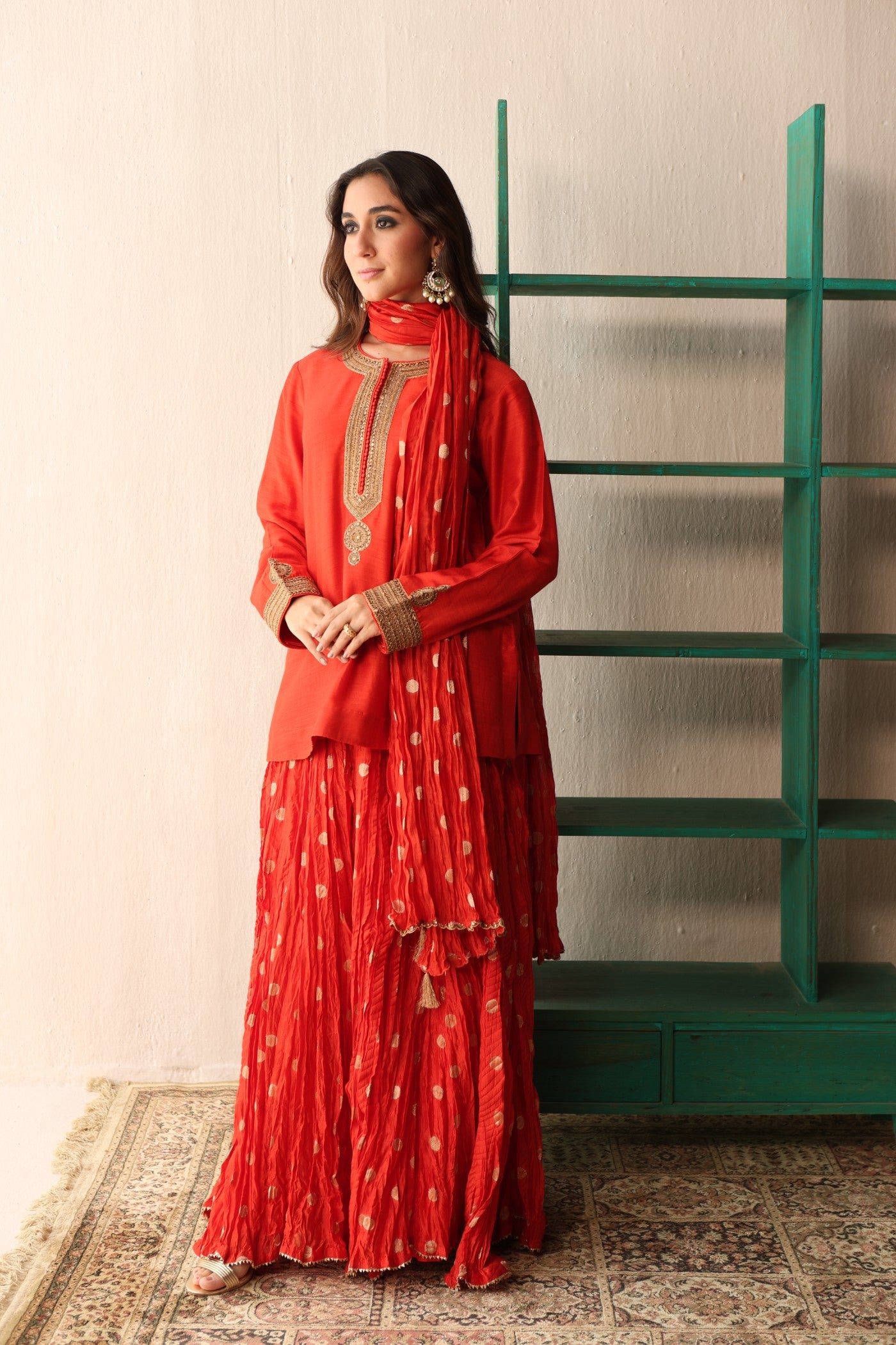 BURNT-ORANGE HAND-EMBROIDERED PURE MUGA-SILK SHORT-KURTA WITH CRUSHED PURE SILK-COTTON (METALLIC POLKA DOTS) SHARARA SET