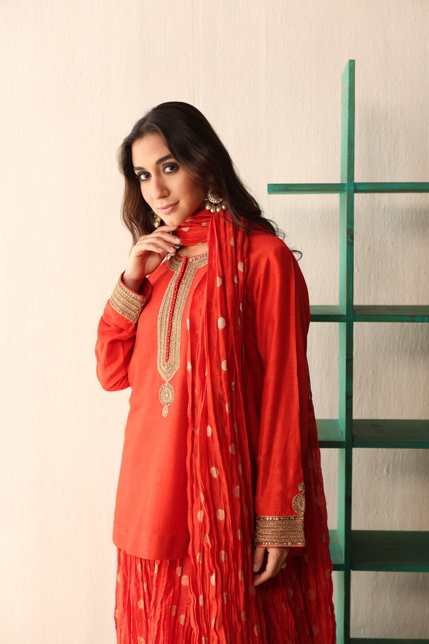 BURNT-ORANGE HAND-EMBROIDERED PURE MUGA-SILK SHORT-KURTA WITH CRUSHED PURE SILK-COTTON (METALLIC POLKA DOTS) SHARARA SET