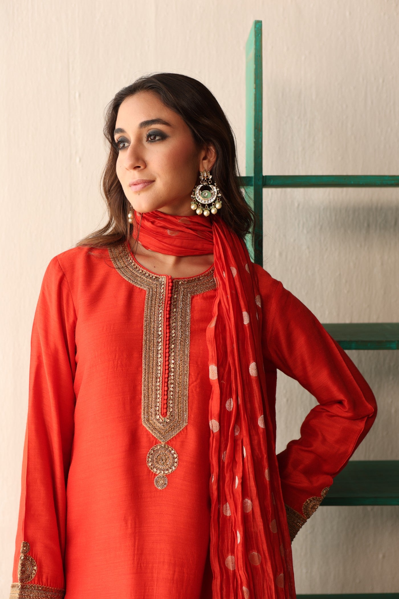 BURNT-ORANGE HAND-EMBROIDERED PURE MUGA-SILK SHORT-KURTA WITH CRUSHED PURE SILK-COTTON (METALLIC POLKA DOTS) SHARARA SET