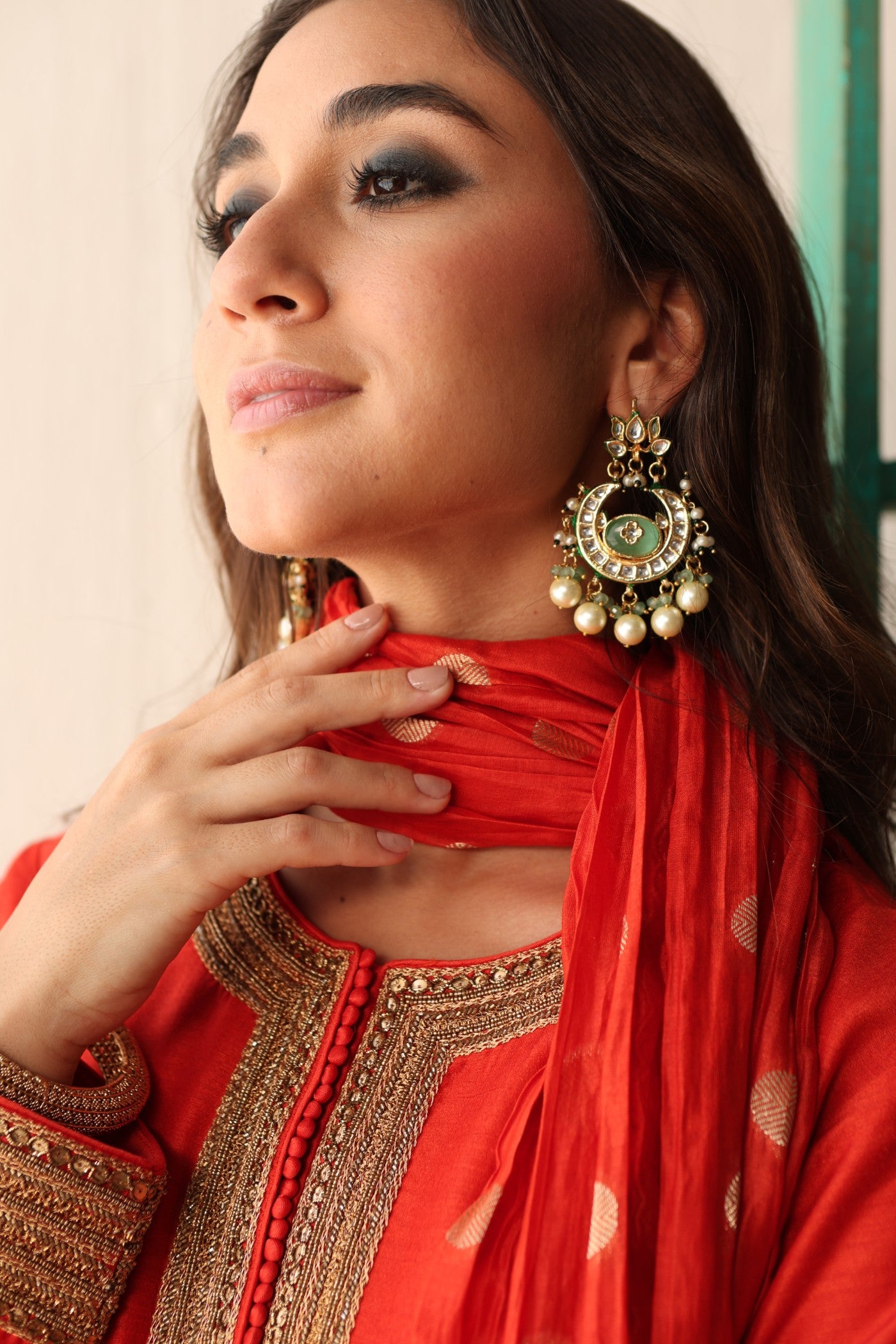 BURNT-ORANGE HAND-EMBROIDERED PURE MUGA-SILK SHORT-KURTA WITH CRUSHED PURE SILK-COTTON (METALLIC POLKA DOTS) SHARARA SET