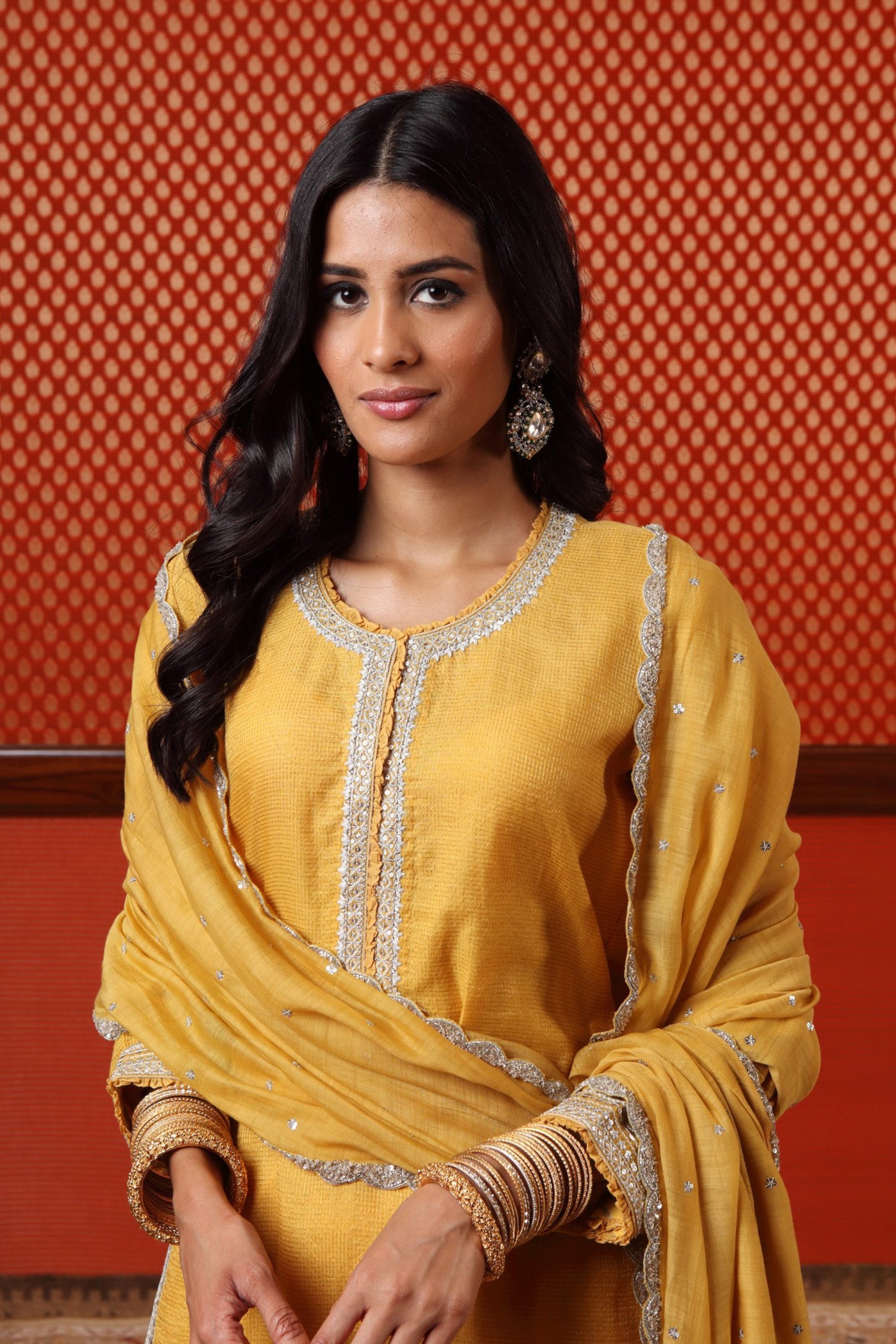 Hand Embroidered Mango Yellow Pure Silk Cotton Short Kurta Sharara Set
