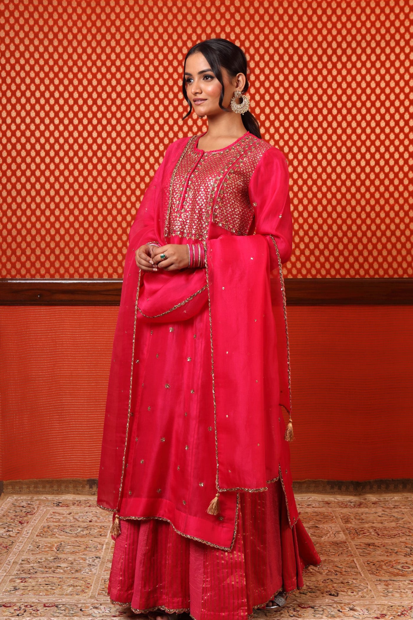 Hand Embroidered Rani Pink Pure Silk Organza Kurta Sharara Set