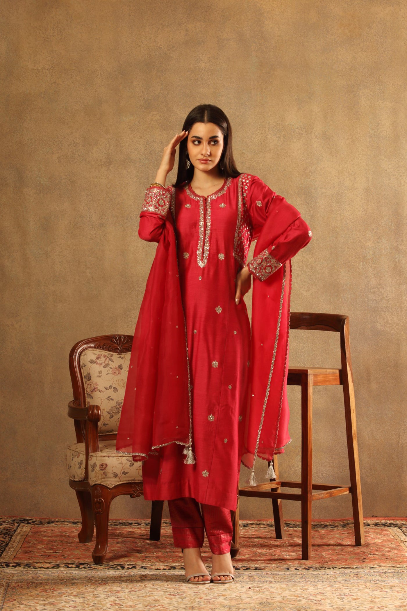 Hand Embroidered Crimson Pink Pure Silk Cotton Kurta Pants Set