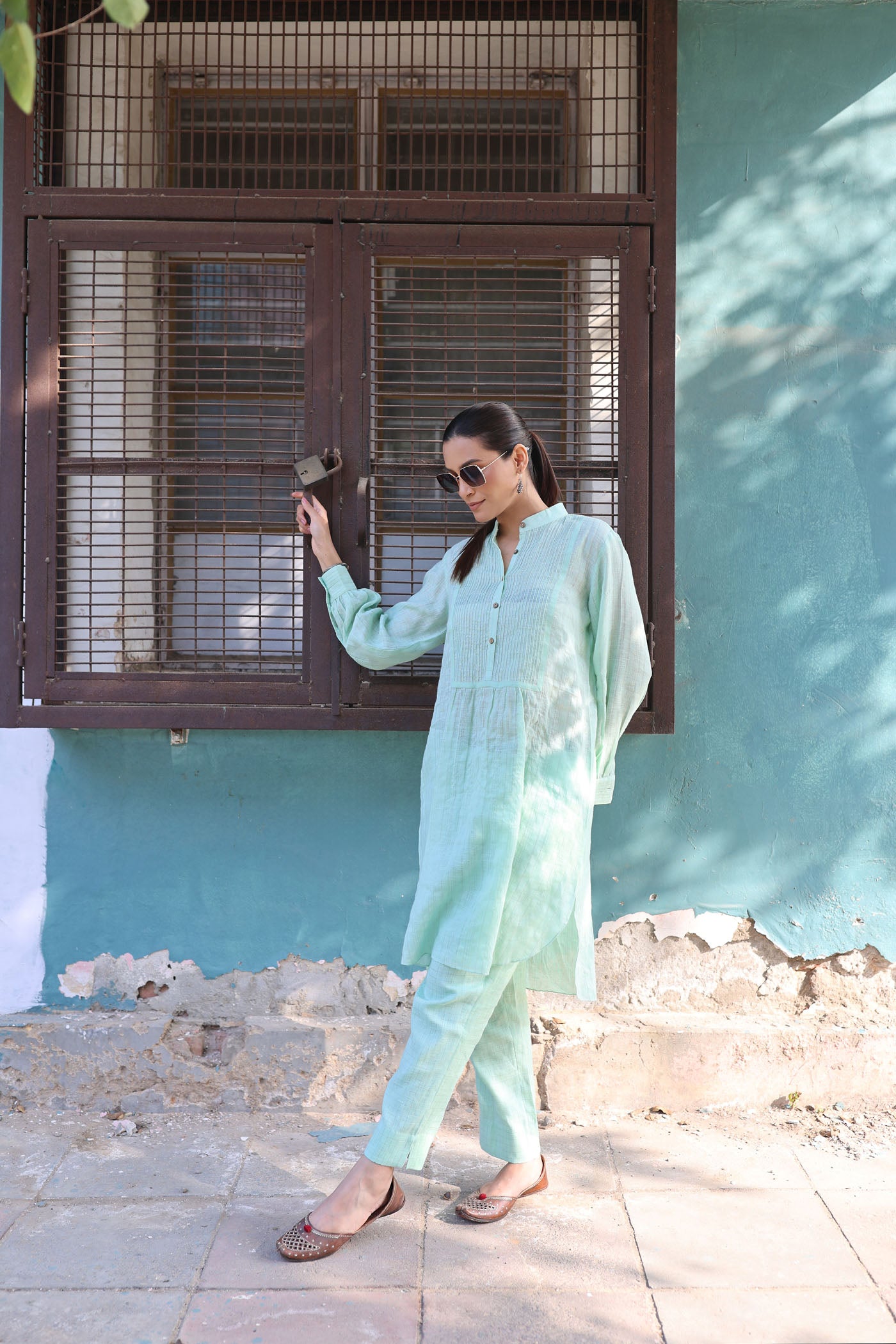 Pastel-Green Pure Linen (With Metallic Checks & Stripes) Band-Collared With Pintucked Yoke Kurta-Pants Set