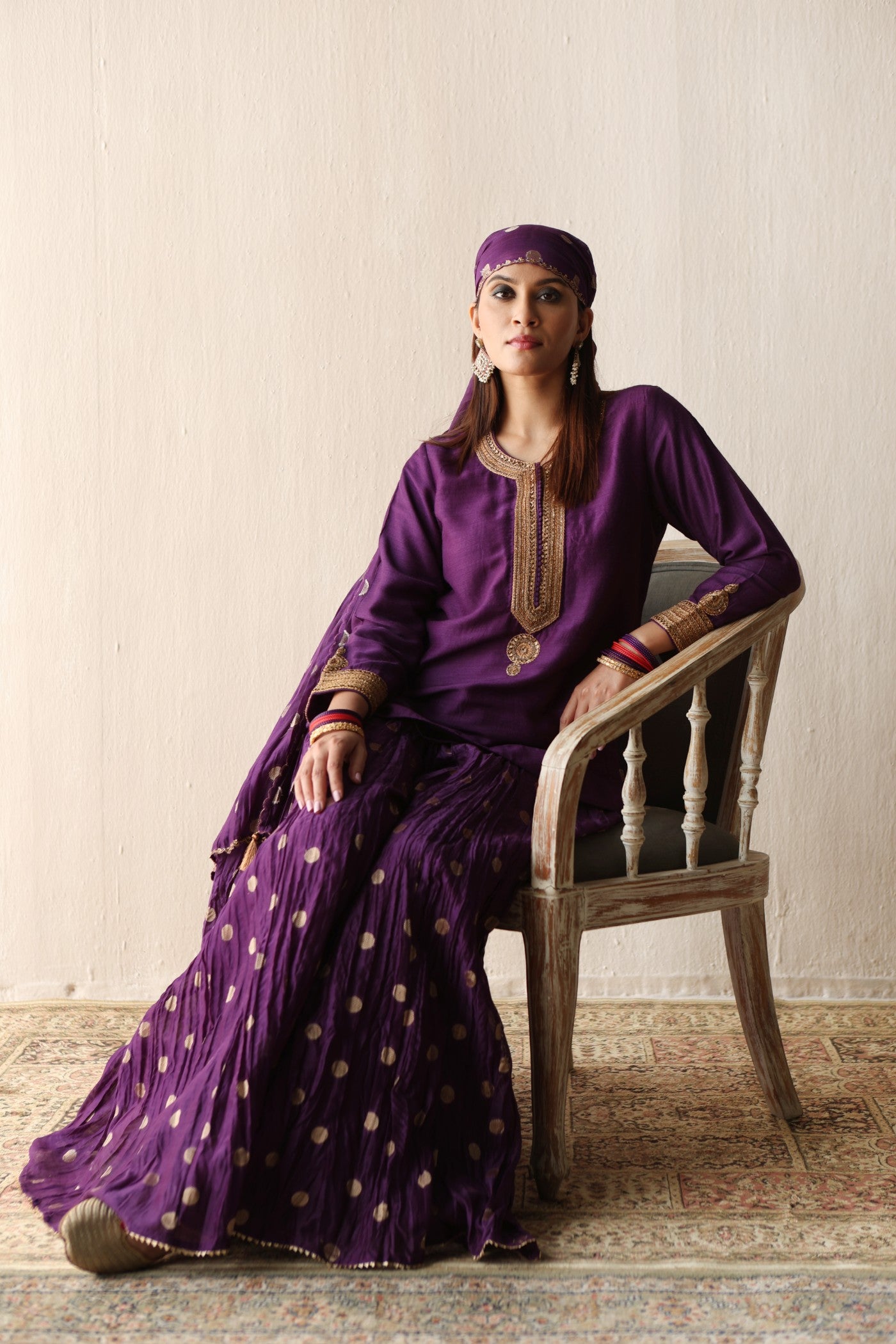 PURPLE HAND-EMBROIDERED PURE MUGA-SILK SHORT-KURTA WITH CRUSHED PURE SILK-COTTON (METALLIC POLKA DOTS) SHARARA SET
