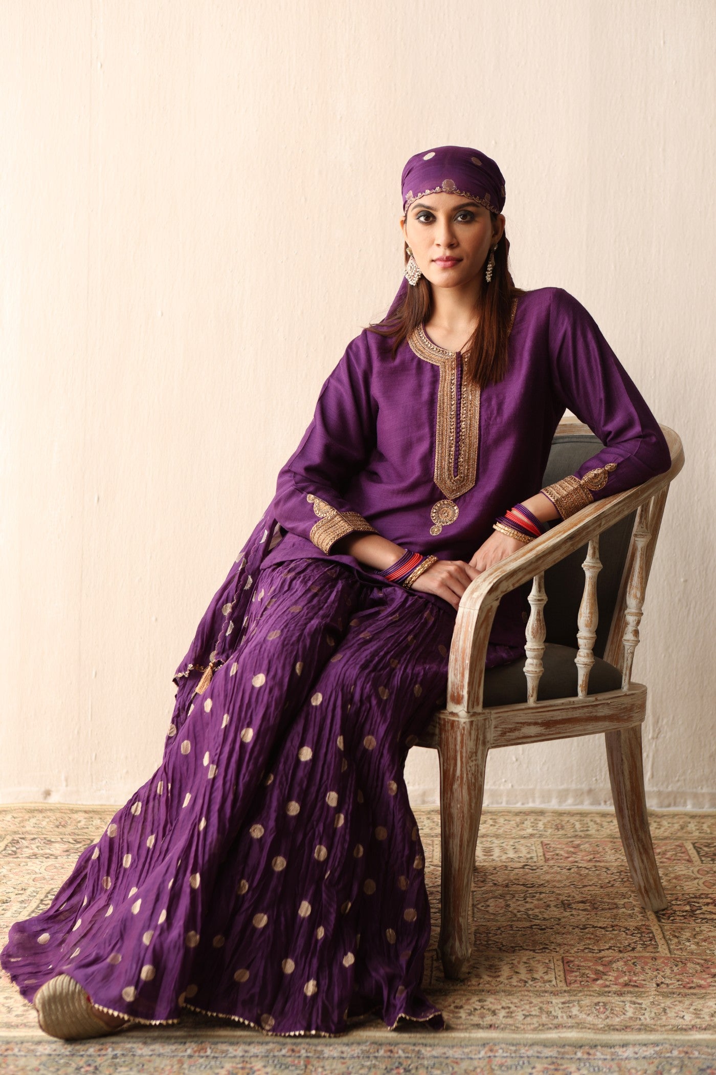 PURPLE HAND-EMBROIDERED PURE MUGA-SILK SHORT-KURTA WITH CRUSHED PURE SILK-COTTON (METALLIC POLKA DOTS) SHARARA SET
