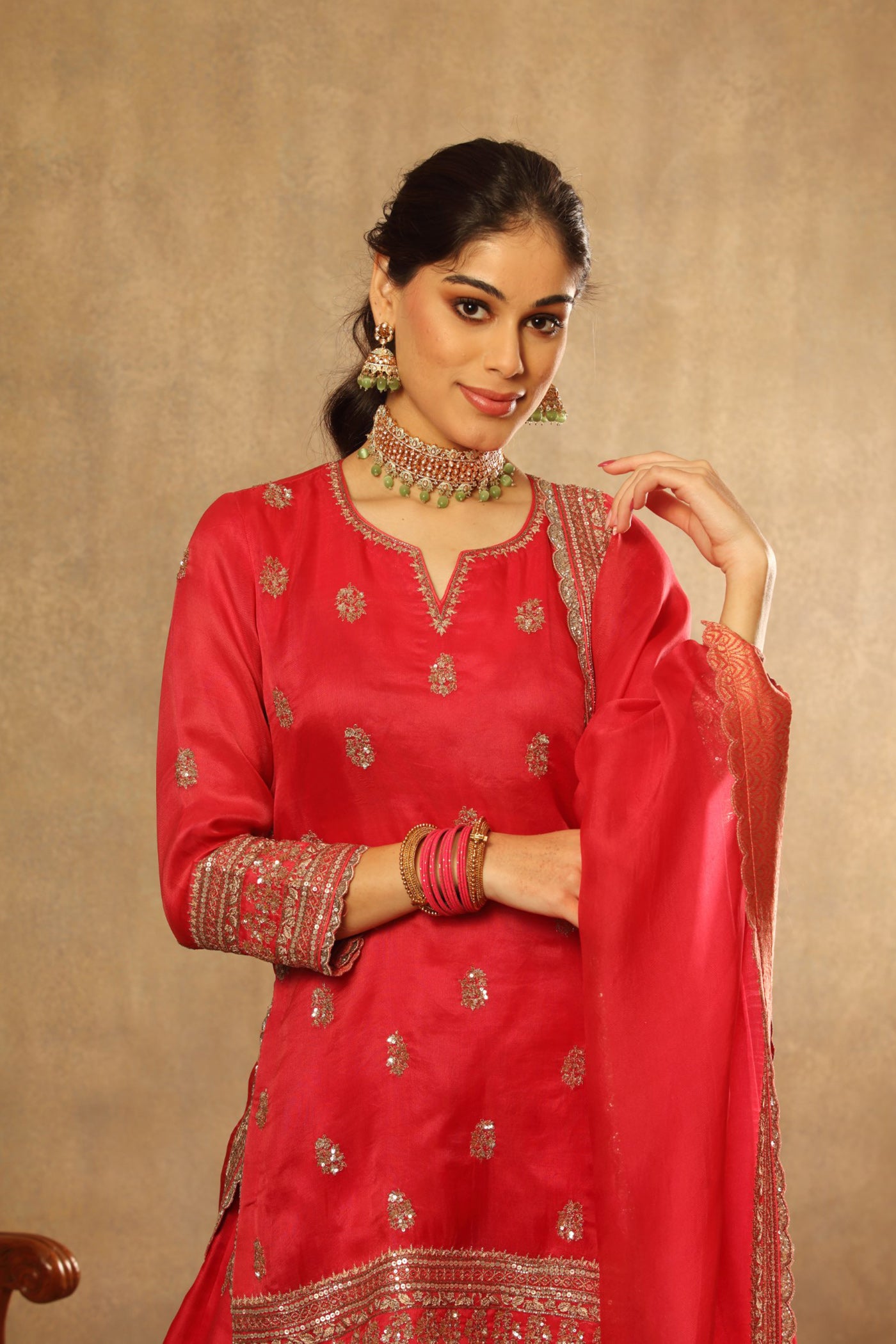 Hand Embroidered Fuchsia Rose Pure Silk Organza Short Kurta Sharara Set