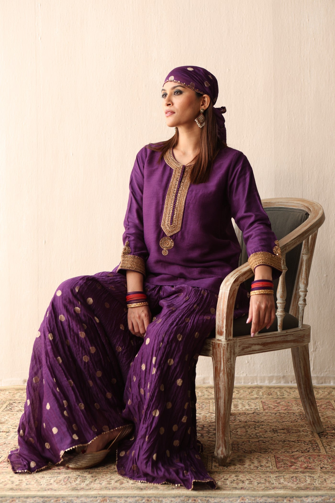 PURPLE HAND-EMBROIDERED PURE MUGA-SILK SHORT-KURTA WITH CRUSHED PURE SILK-COTTON (METALLIC POLKA DOTS) SHARARA SET