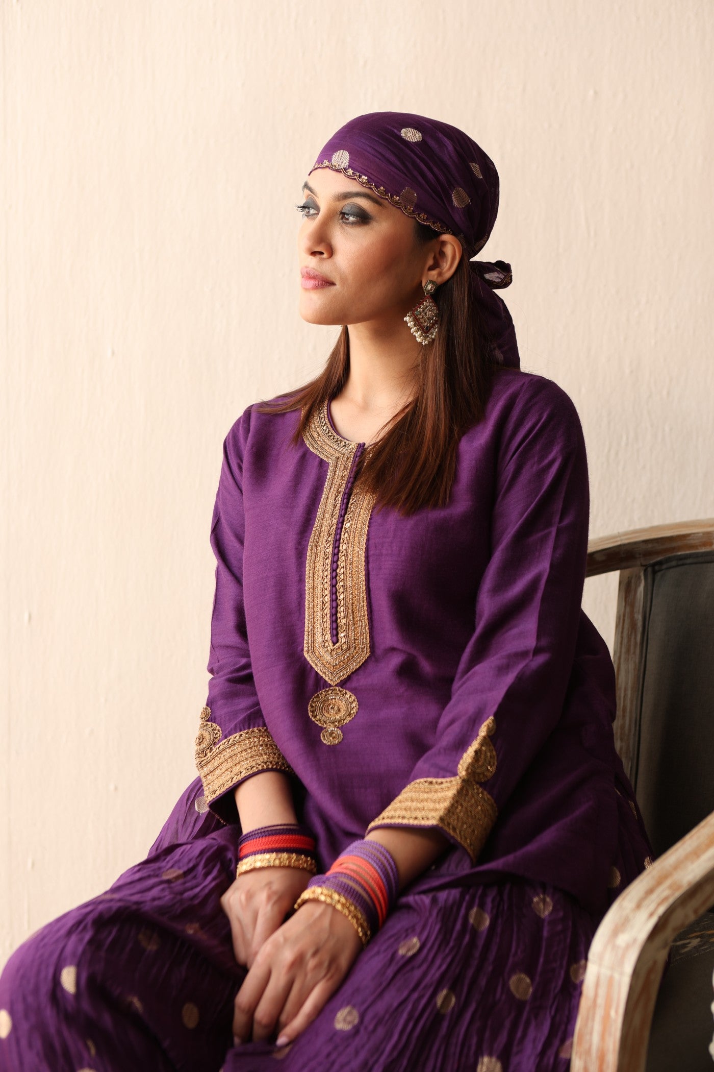 PURPLE HAND-EMBROIDERED PURE MUGA-SILK SHORT-KURTA WITH CRUSHED PURE SILK-COTTON (METALLIC POLKA DOTS) SHARARA SET