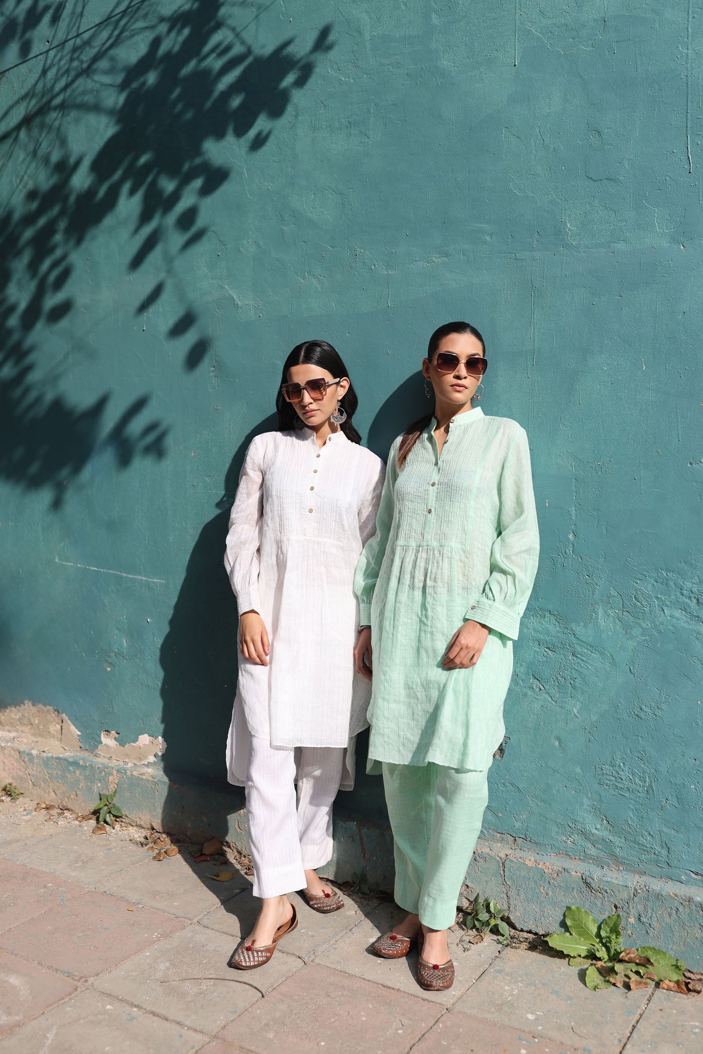 Ivory Pure Linen (With Metallic Checks & Stripes) Band-Collared With Pintucked Yoke Kurta-Pants Set