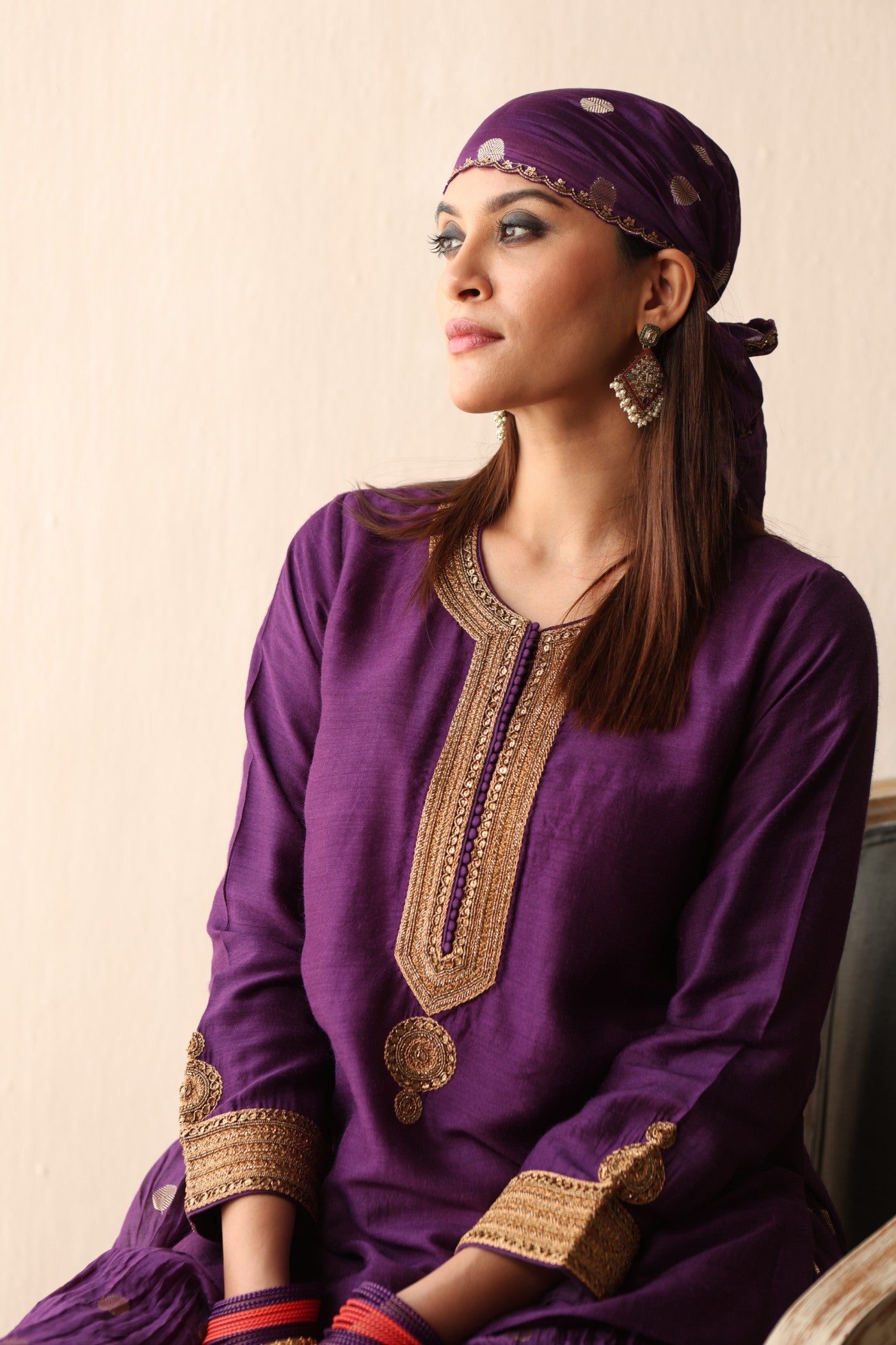 PURPLE HAND-EMBROIDERED PURE MUGA-SILK SHORT-KURTA WITH CRUSHED PURE SILK-COTTON (METALLIC POLKA DOTS) SHARARA SET
