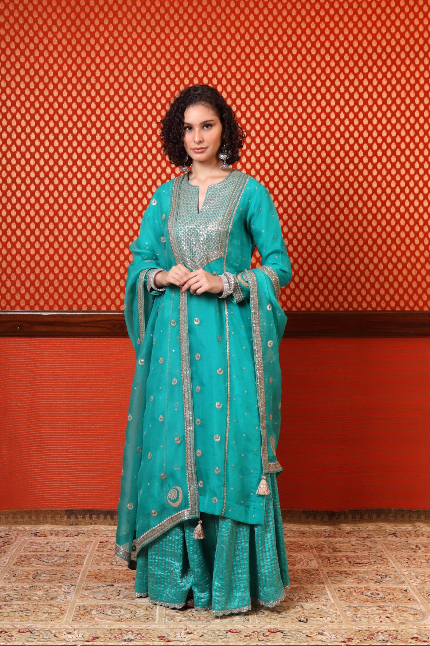 Hand Embroidered Aqua Blue Chand Buta Kurta Sharara Set