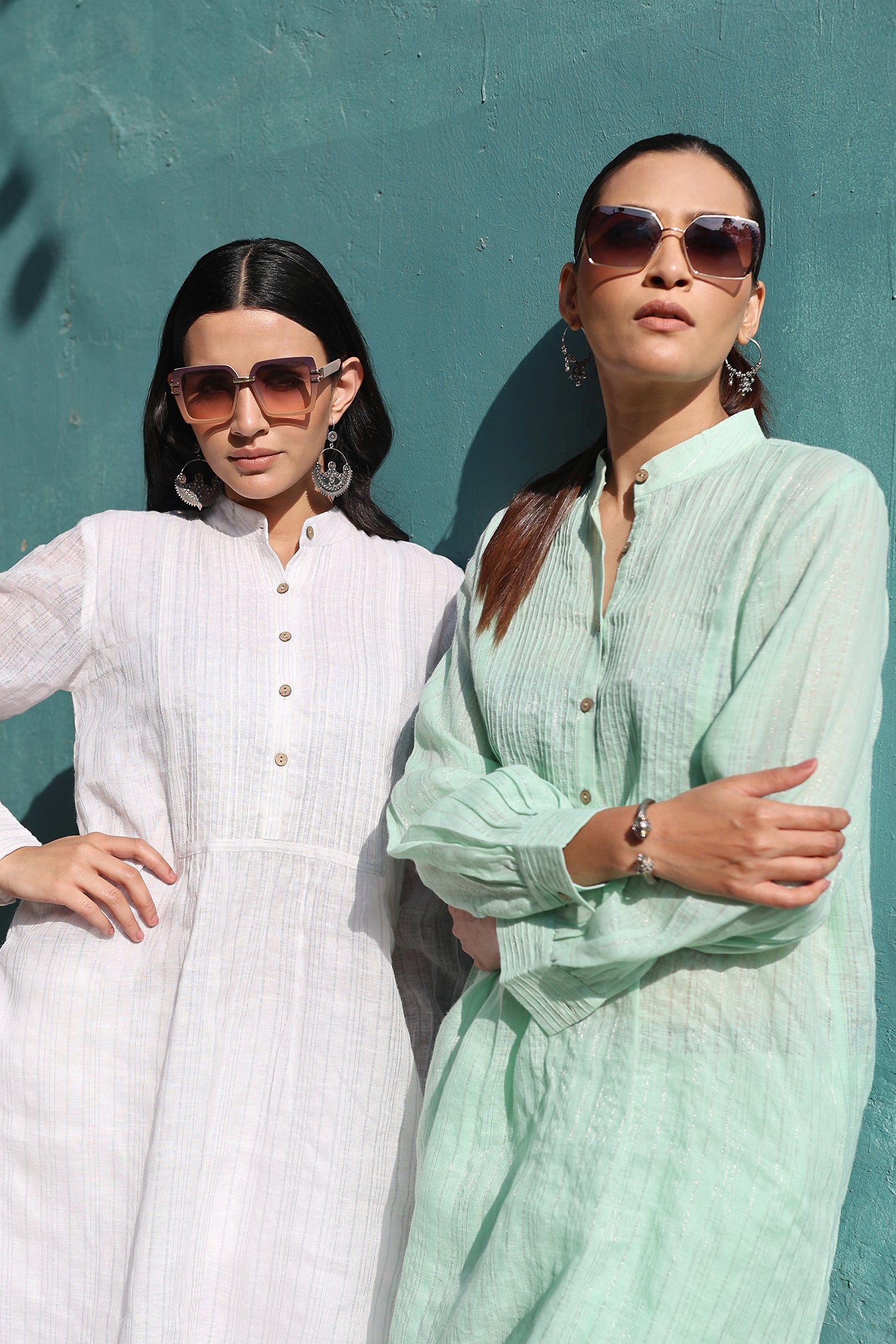 Pastel-Green Pure Linen (With Metallic Checks & Stripes) Band-Collared With Pintucked Yoke Kurta-Pants Set