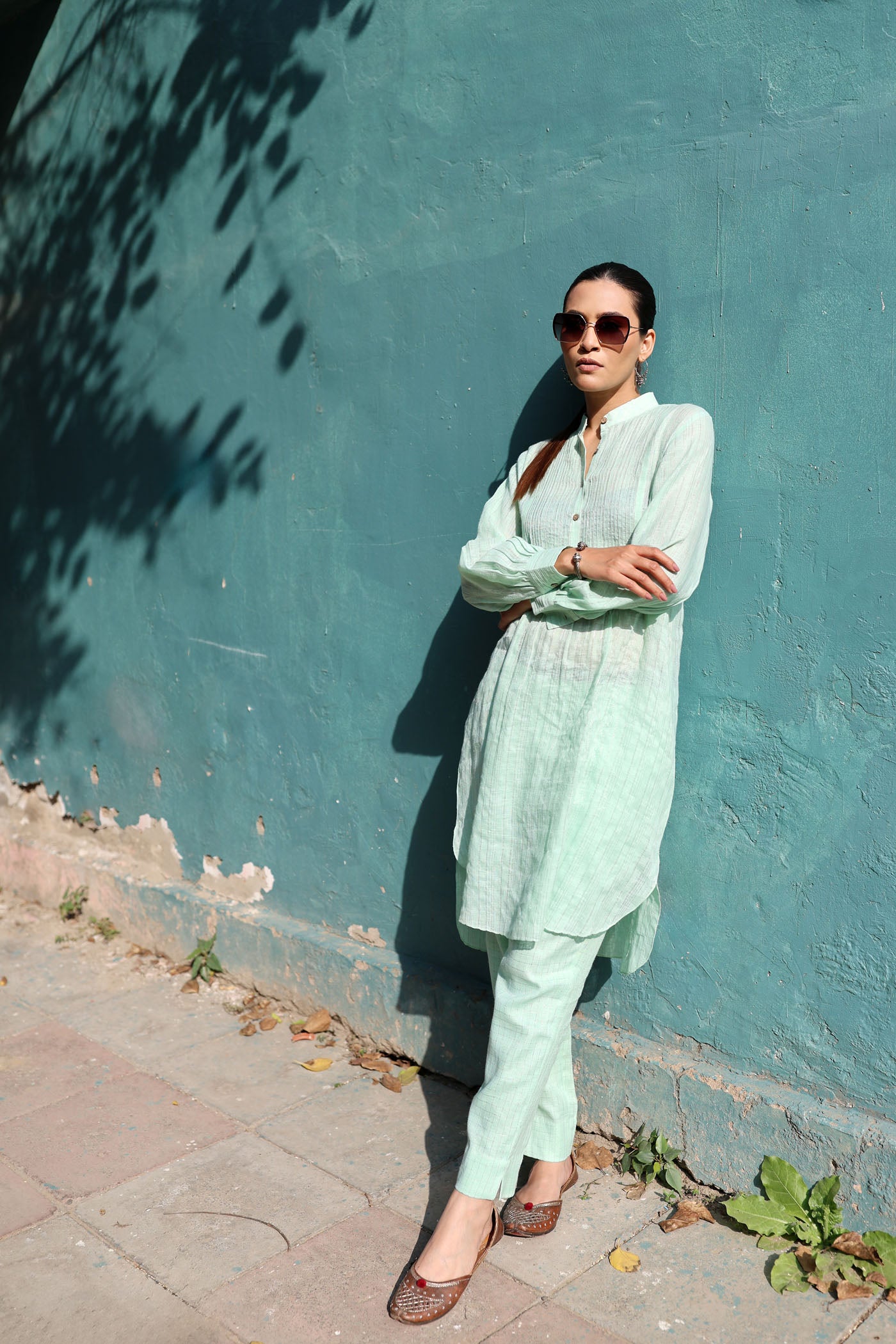 Pastel-Green Pure Linen (With Metallic Checks & Stripes) Band-Collared With Pintucked Yoke Kurta-Pants Set