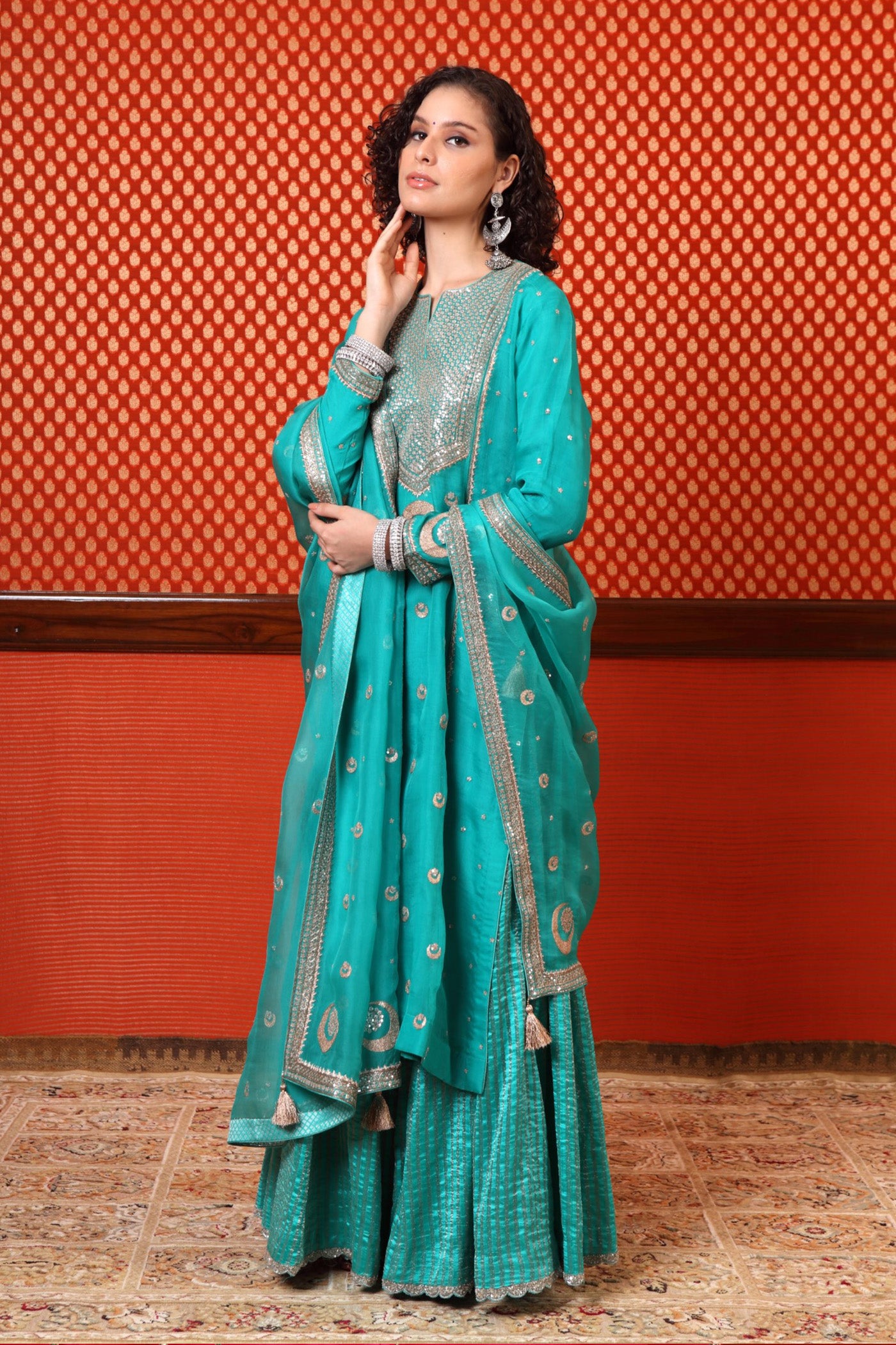 Hand Embroidered Aqua Blue Chand Buta Kurta Sharara Set