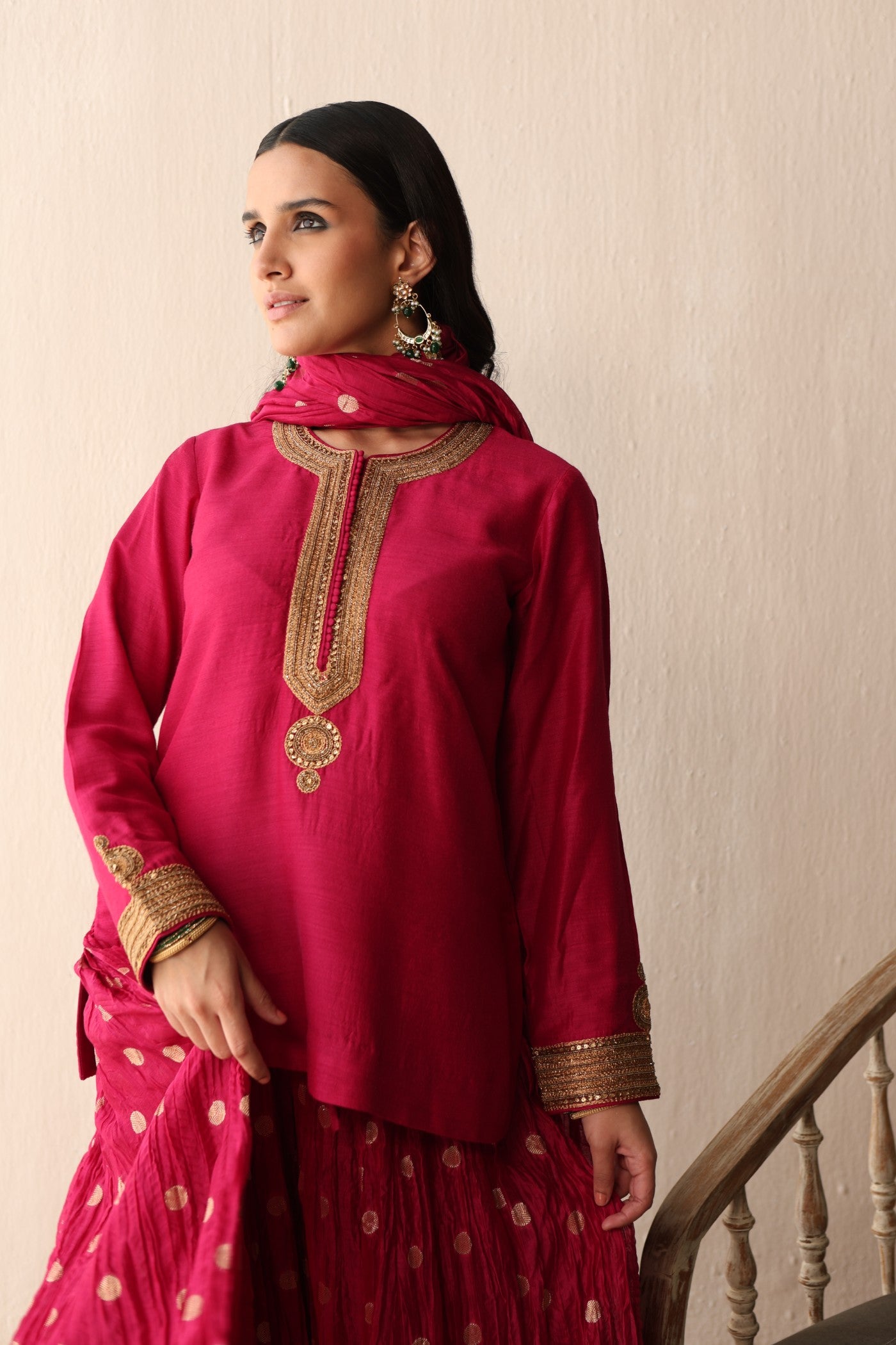 RANI-PINK HAND-EMBROIDERED PURE MUGA-SILK SHORT-KURTA WITH CRUSHED PURE SILK-COTTON (METALLIC POLKA DOTS) SHARARA SET