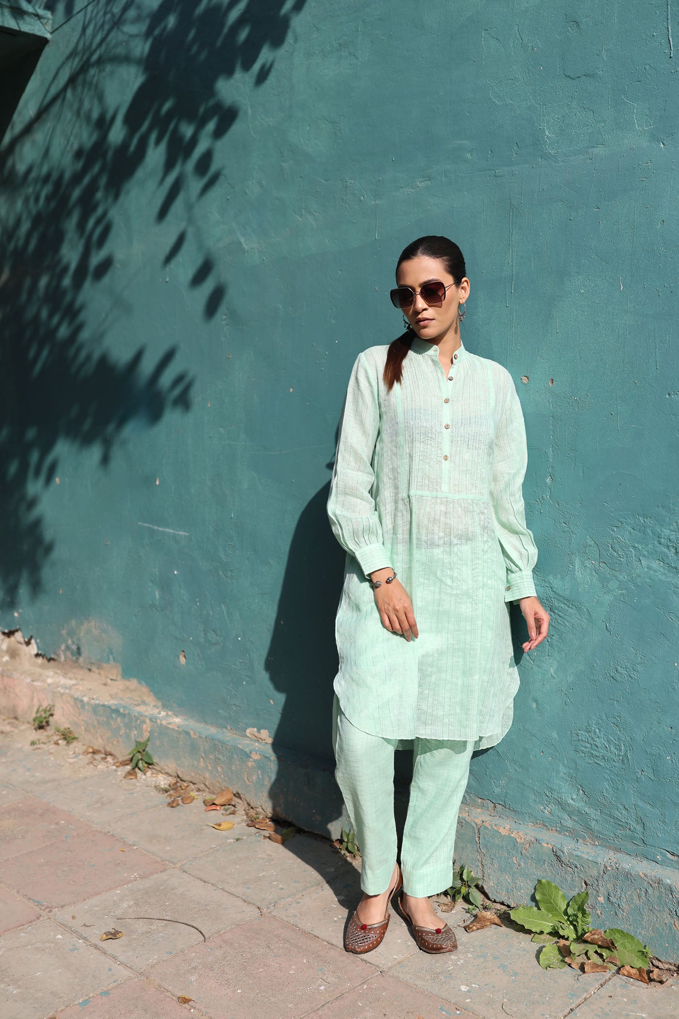 Pastel-Green Pure Linen (With Metallic Checks & Stripes) Band-Collared With Pintucked Yoke Kurta-Pants Set