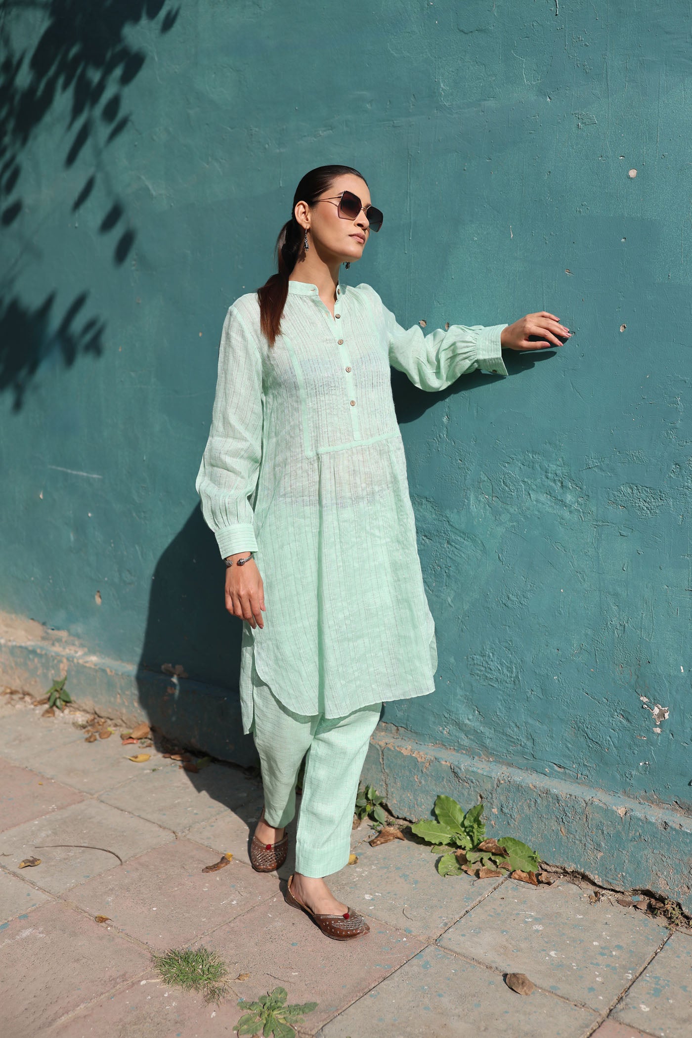 Pastel-Green Pure Linen (With Metallic Checks & Stripes) Band-Collared With Pintucked Yoke Kurta-Pants Set