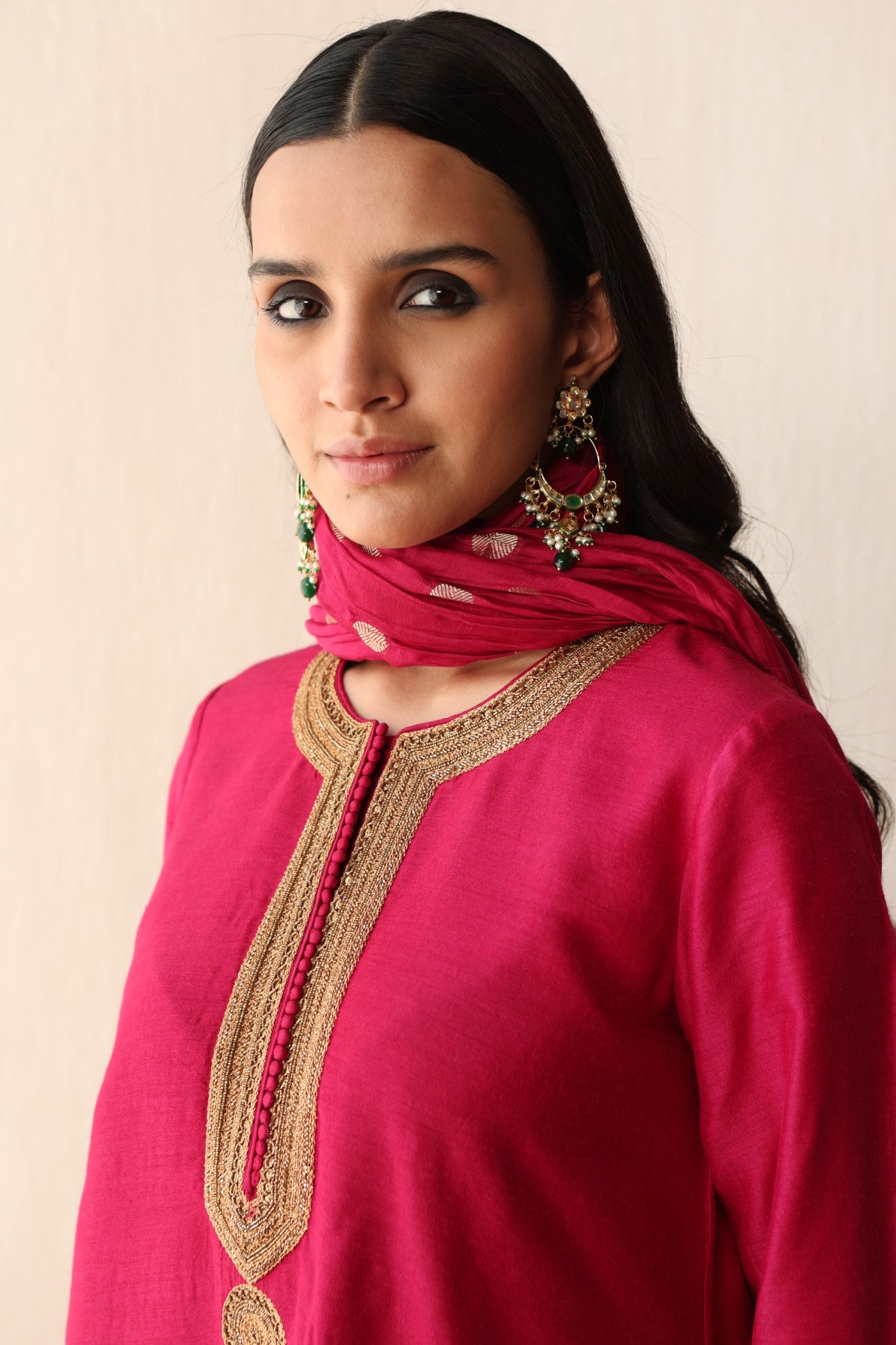 RANI-PINK HAND-EMBROIDERED PURE MUGA-SILK SHORT-KURTA WITH CRUSHED PURE SILK-COTTON (METALLIC POLKA DOTS) SHARARA SET