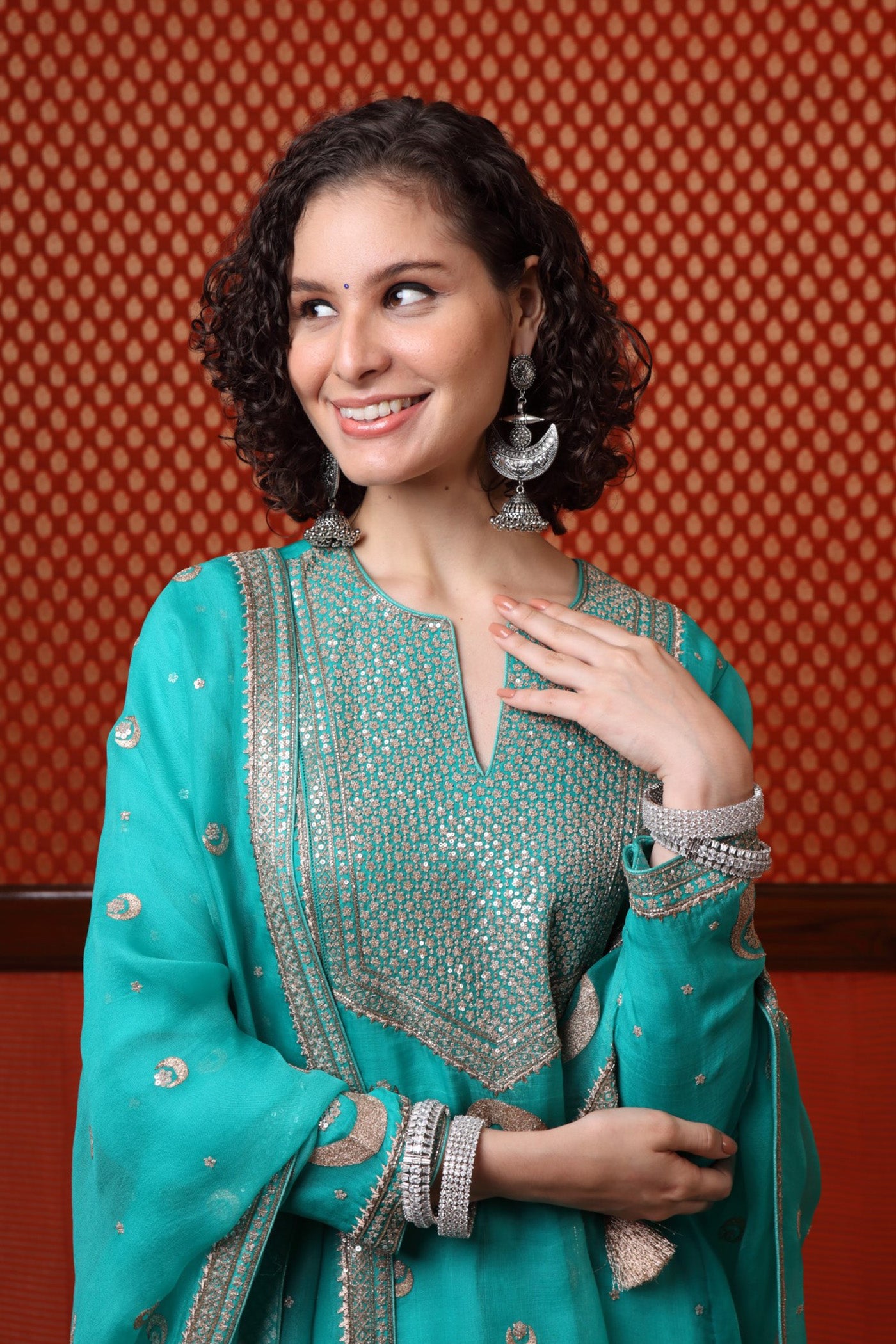 Hand Embroidered Aqua Blue Chand Buta Kurta Sharara Set