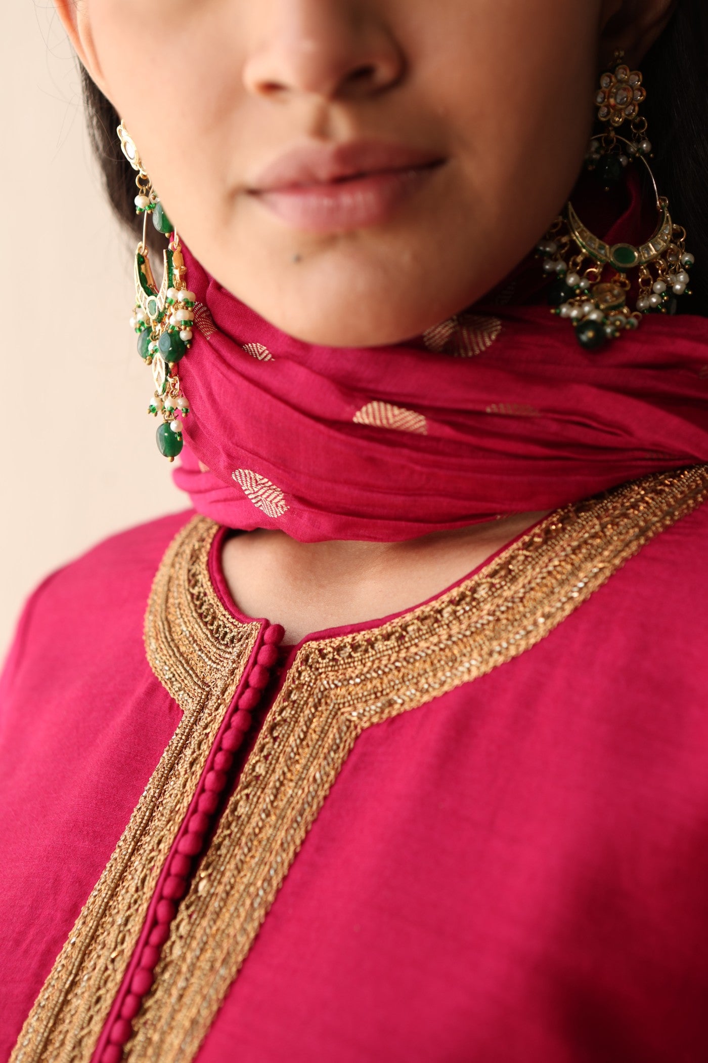 RANI-PINK HAND-EMBROIDERED PURE MUGA-SILK SHORT-KURTA WITH CRUSHED PURE SILK-COTTON (METALLIC POLKA DOTS) SHARARA SET