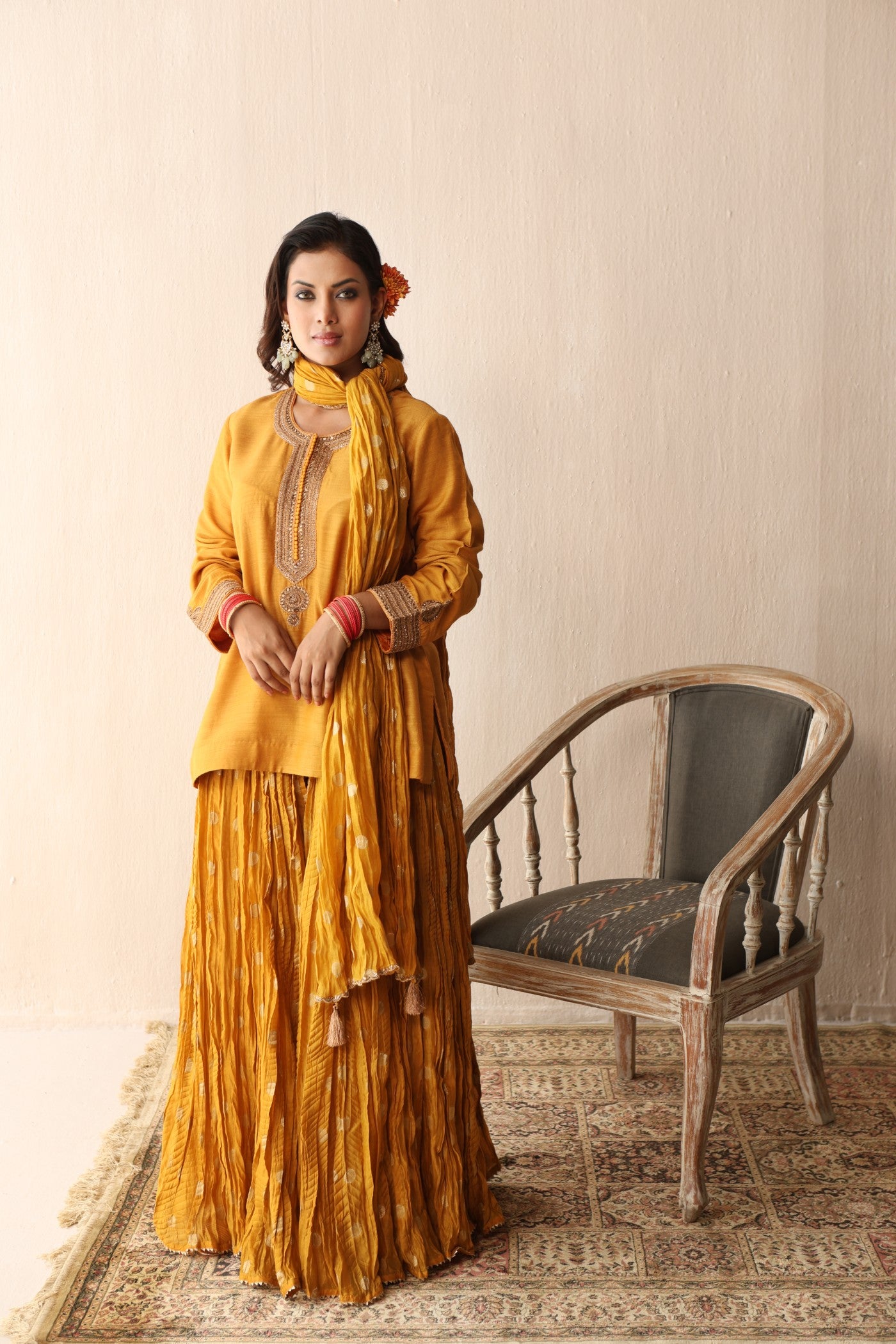 MANGO-YELLOW HAND-EMBROIDERED PURE MUGA-SILK SHORT-KURTA WITH CRUSHED PURE SILK-COTTON (METALLIC POLKA DOTS) SHARARA SET