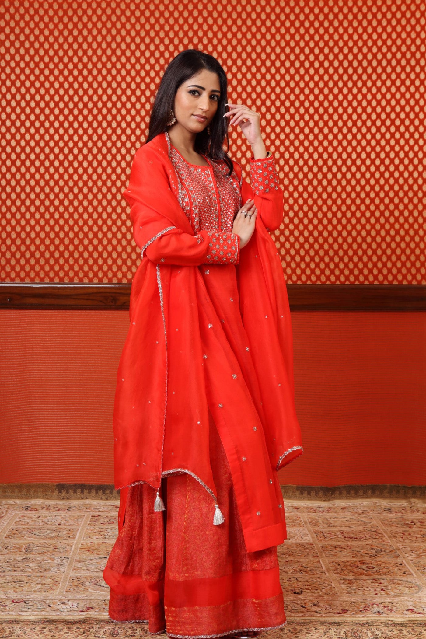 Hand Embroidered Tomato Red Pure Katan Silk Kurta Sharara Set