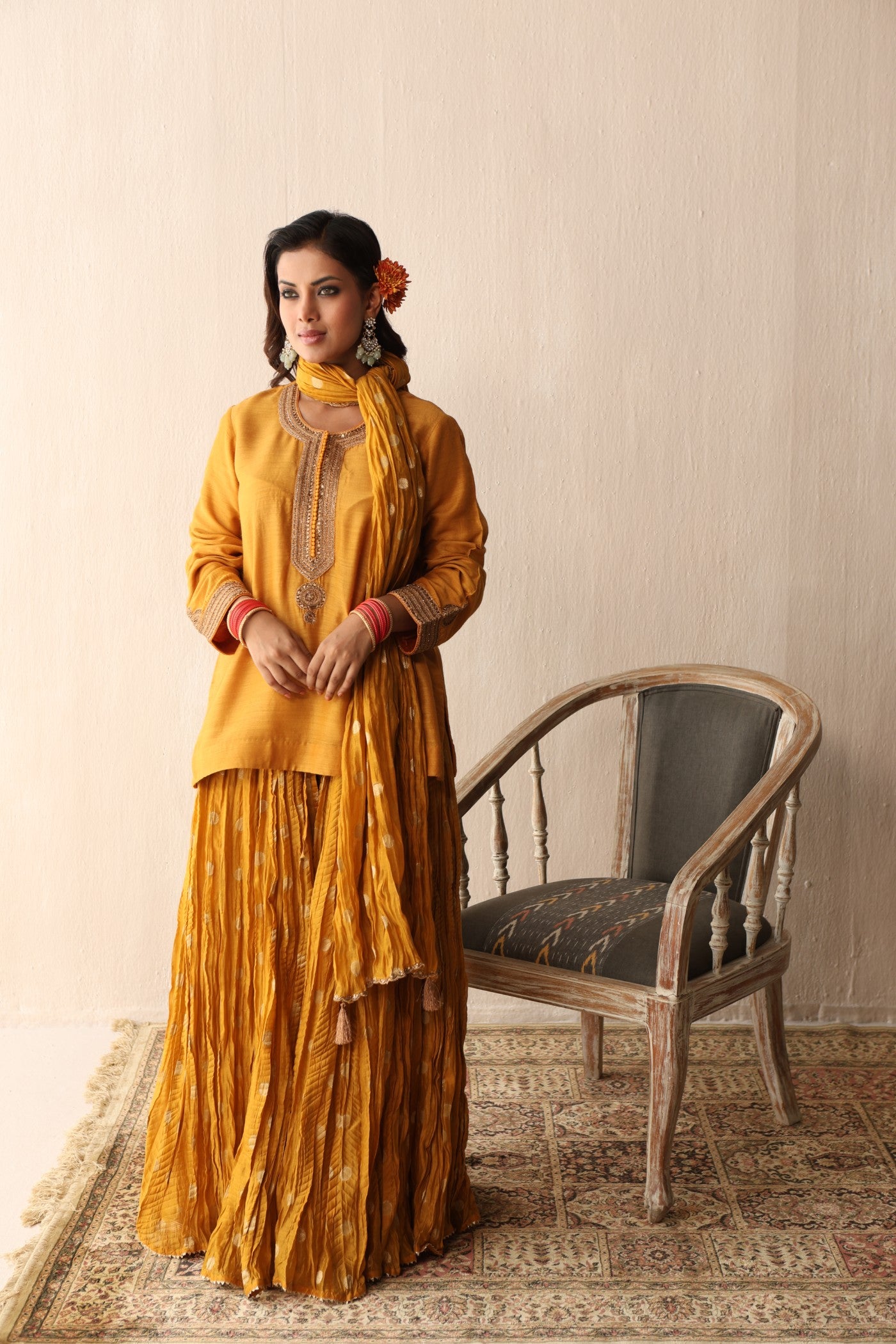 MANGO-YELLOW HAND-EMBROIDERED PURE MUGA-SILK SHORT-KURTA WITH CRUSHED PURE SILK-COTTON (METALLIC POLKA DOTS) SHARARA SET