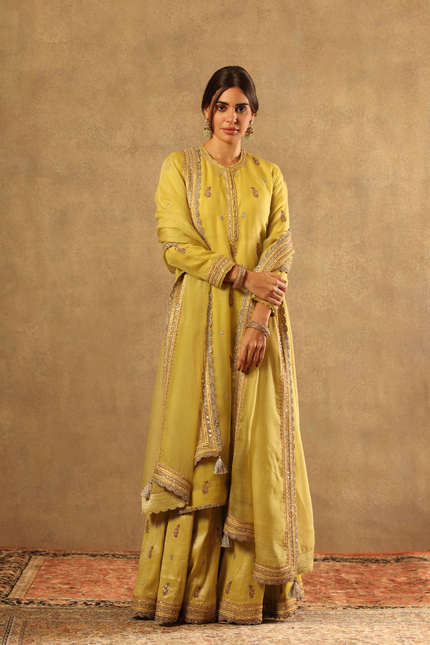 Hand Embroidered Dusty Lime Green Pure Katan Silk Kurta Sharara Set