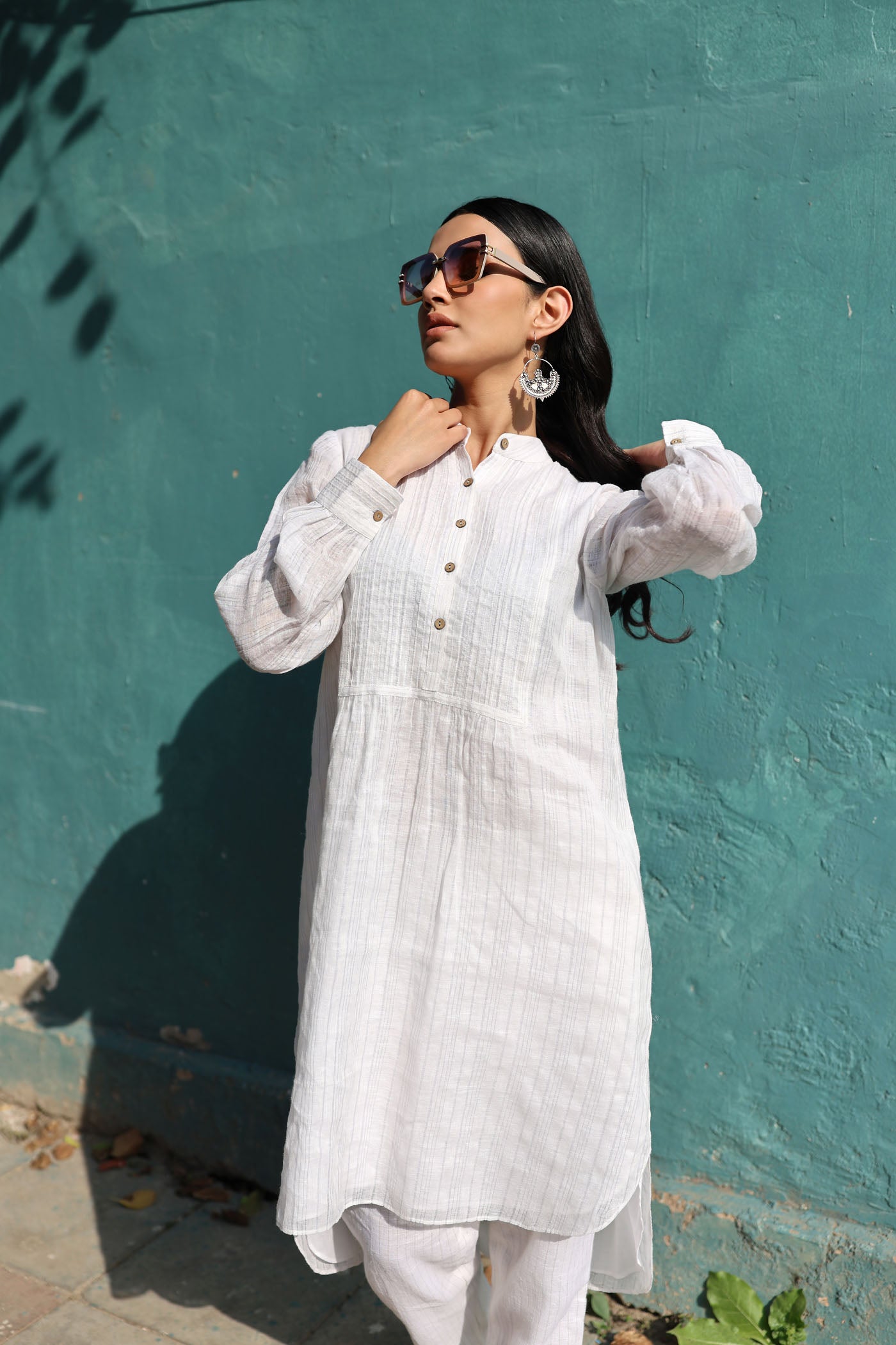 Ivory Pure Linen (With Metallic Checks & Stripes) Band-Collared With Pintucked Yoke Kurta-Pants Set
