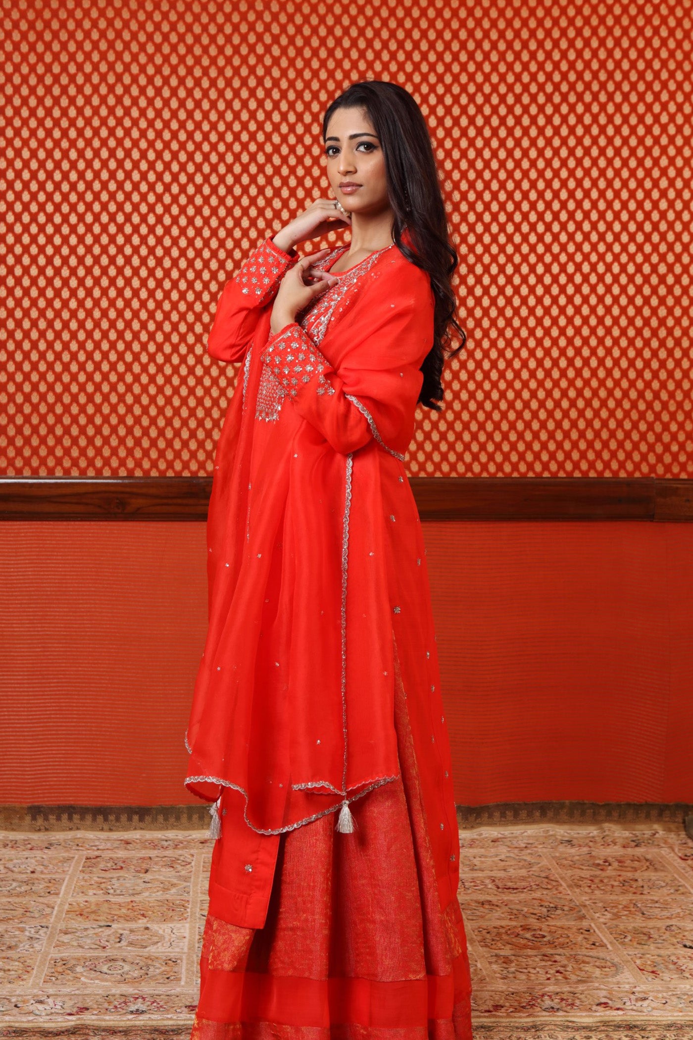 Hand Embroidered Tomato Red Pure Katan Silk Kurta Sharara Set